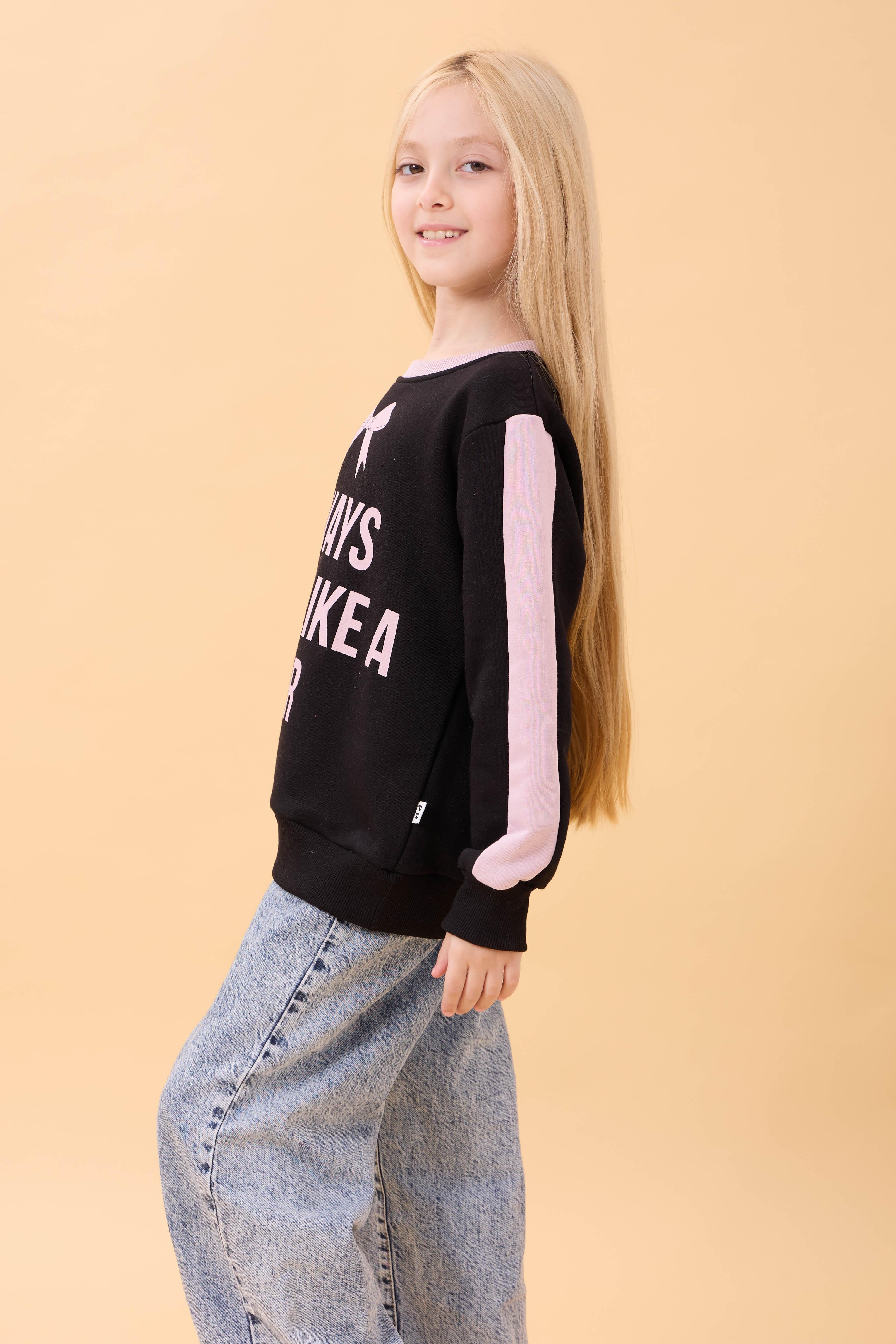 Kız Çocuk Baskılı Bisiklet Yaka Mevsimlik Sweatshirt Siyah
