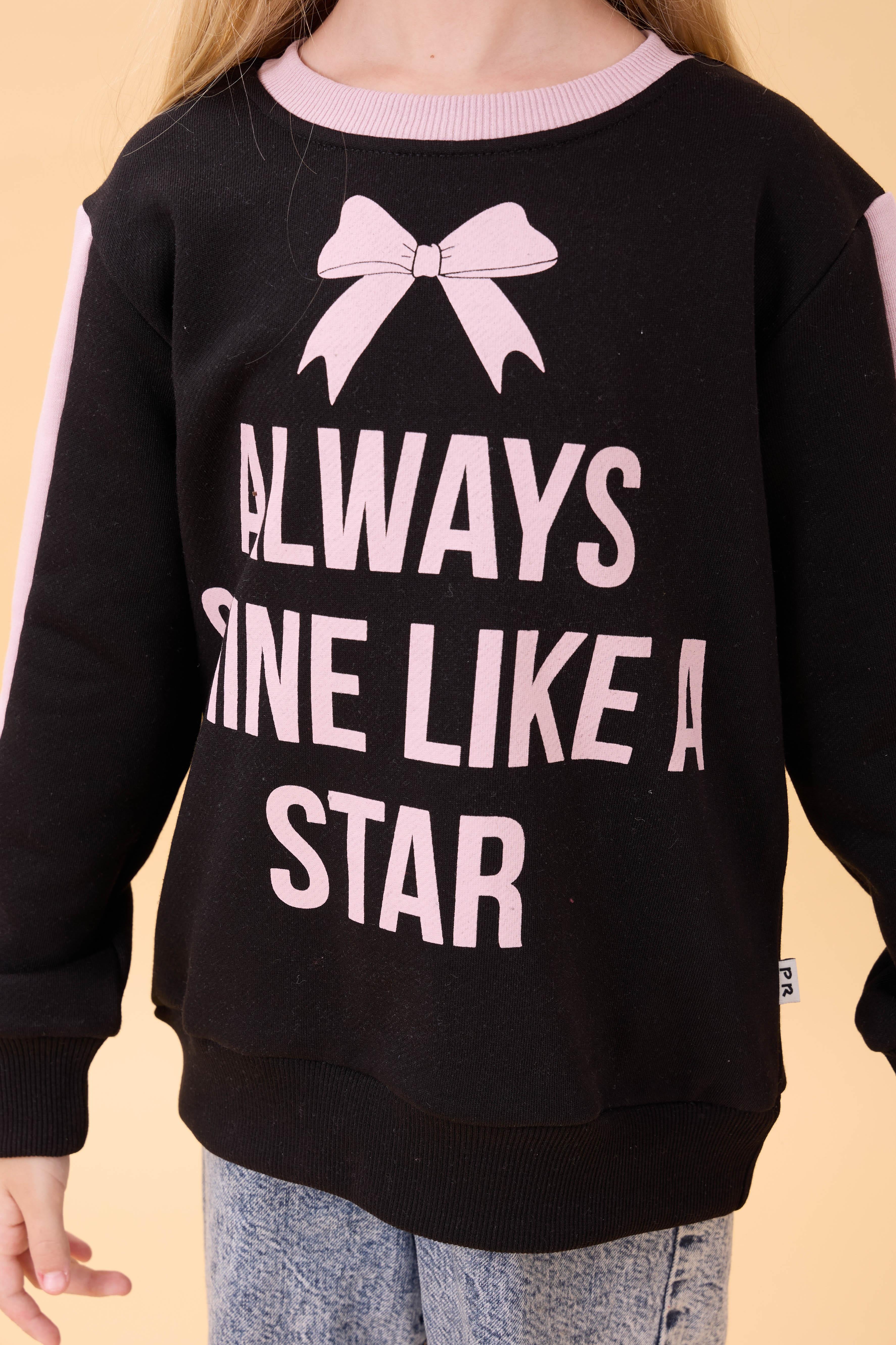 Kız Çocuk Baskılı Bisiklet Yaka Mevsimlik Sweatshirt Siyah