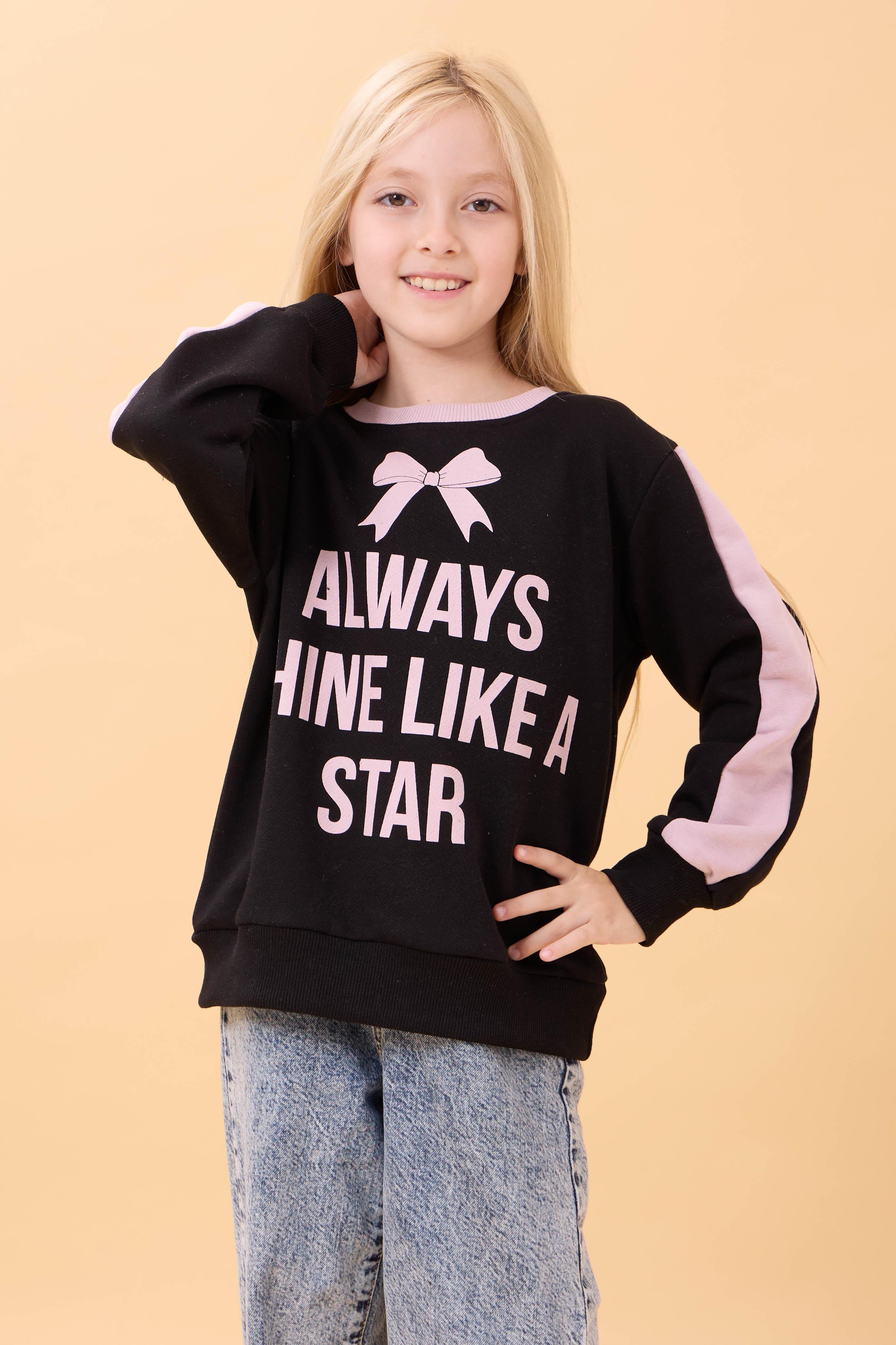 Kız Çocuk Baskılı Bisiklet Yaka Mevsimlik Sweatshirt Siyah
