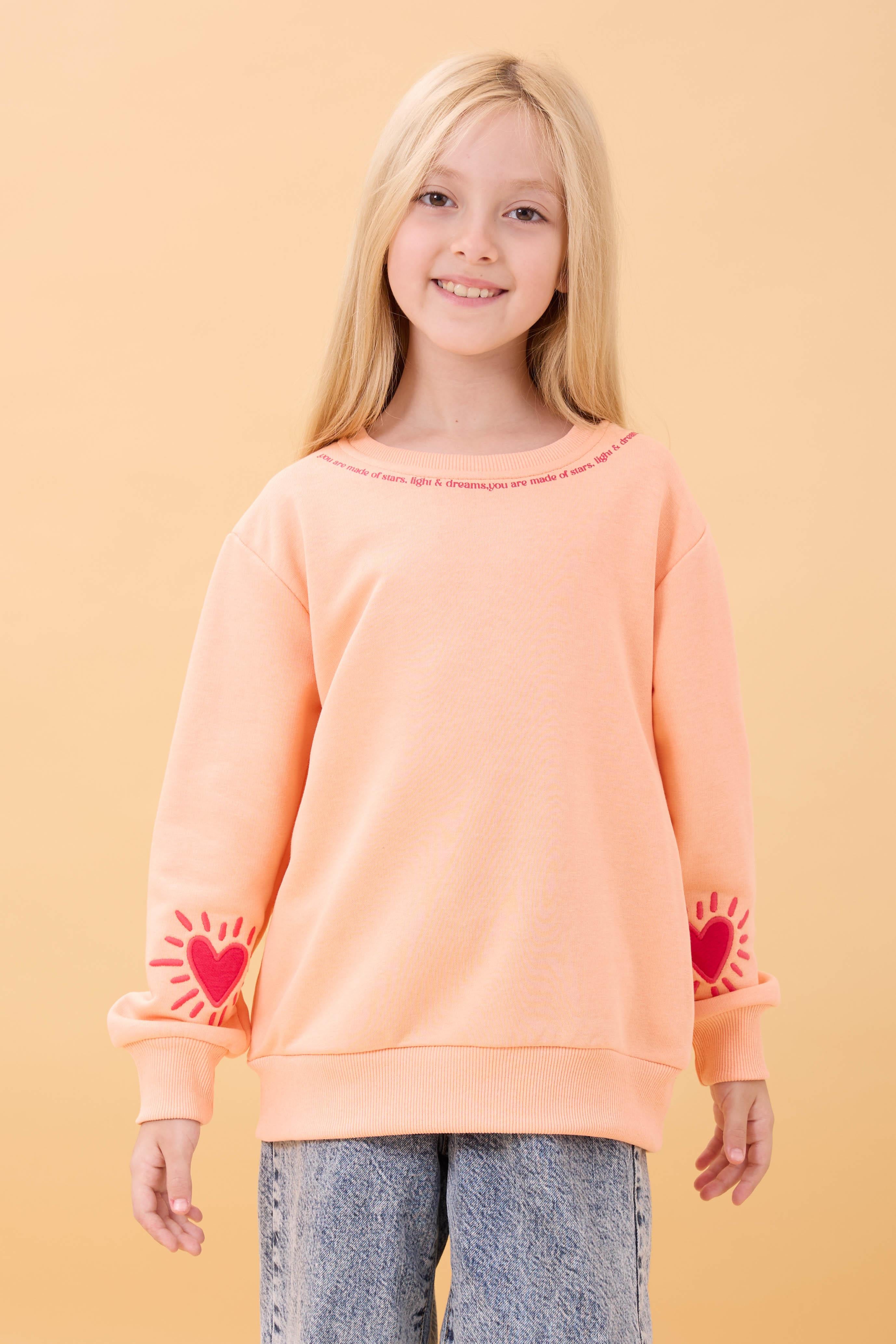 Kız Çocuk Baskılı Bisiklet Yaka Mevsimlik Sweatshirt Somon