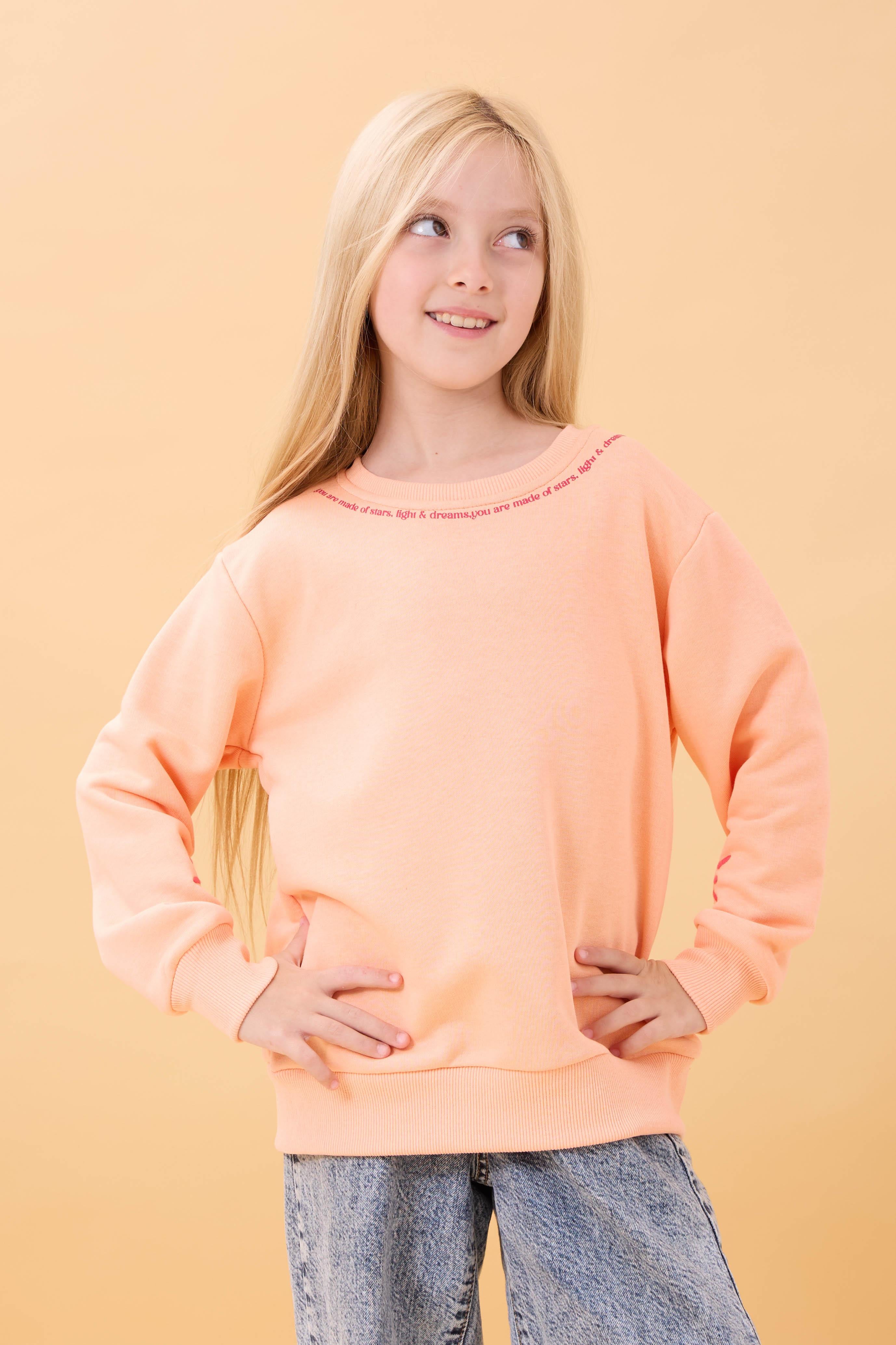 Kız Çocuk Baskılı Bisiklet Yaka Mevsimlik Sweatshirt Somon