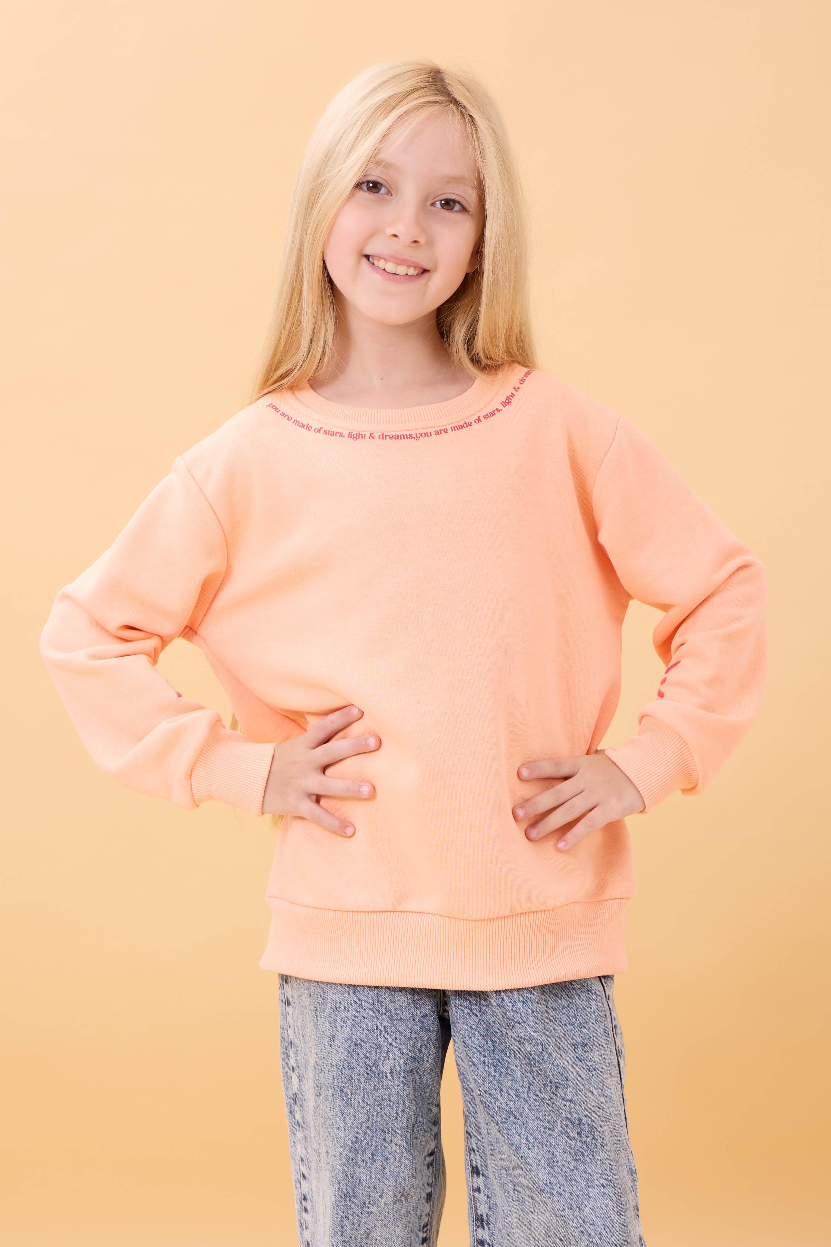 Kız Çocuk Baskılı Bisiklet Yaka Mevsimlik Sweatshirt Somon