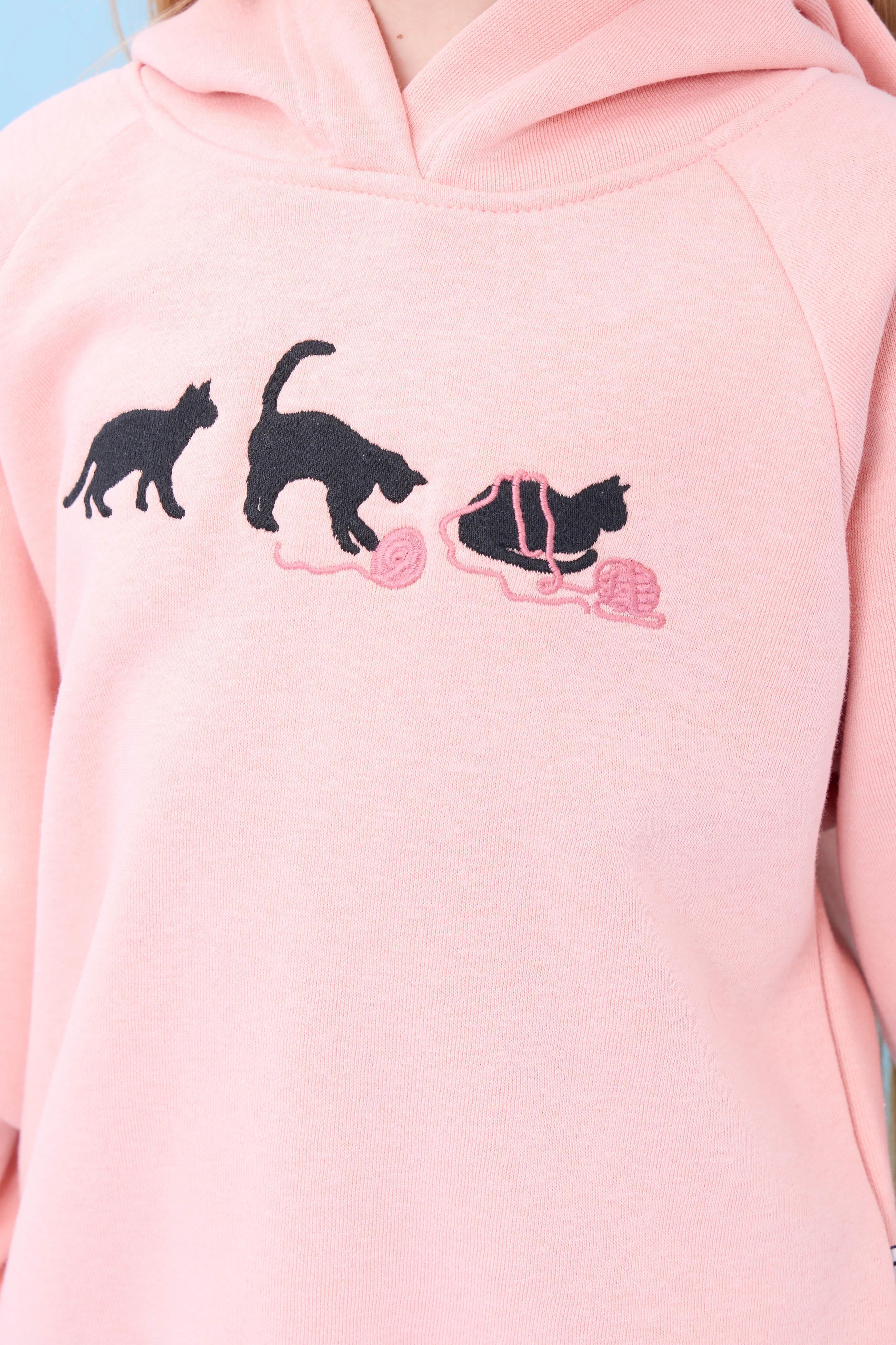 Kız Çocuk Kapüşonlu İçi Polarlı Kedi Nakışlı Şardonlu Kışlık Takım