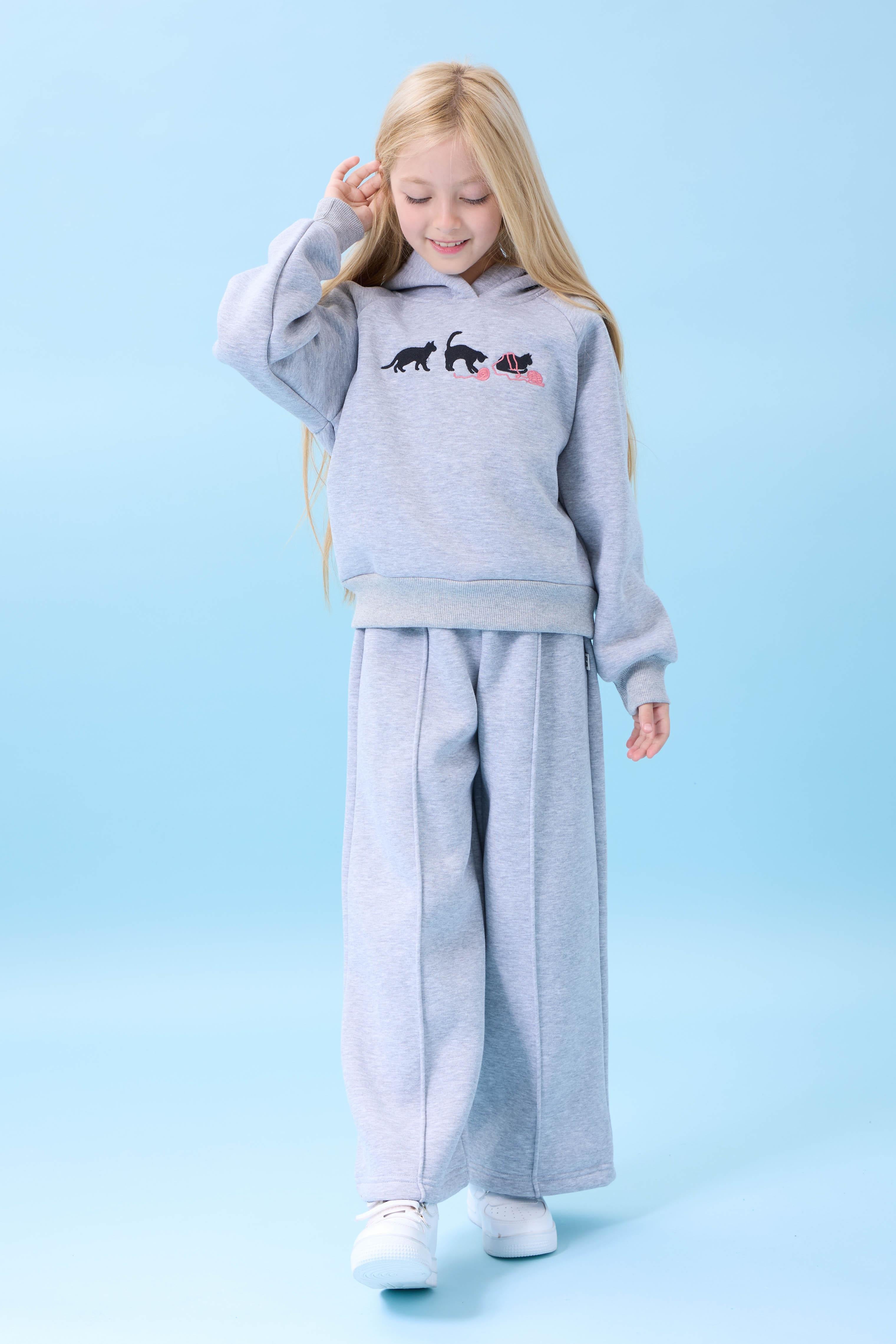 Kız Çocuk Kapüşonlu İçi Polarlı Kedi Nakışlı Şardonlu Kışlık Takım