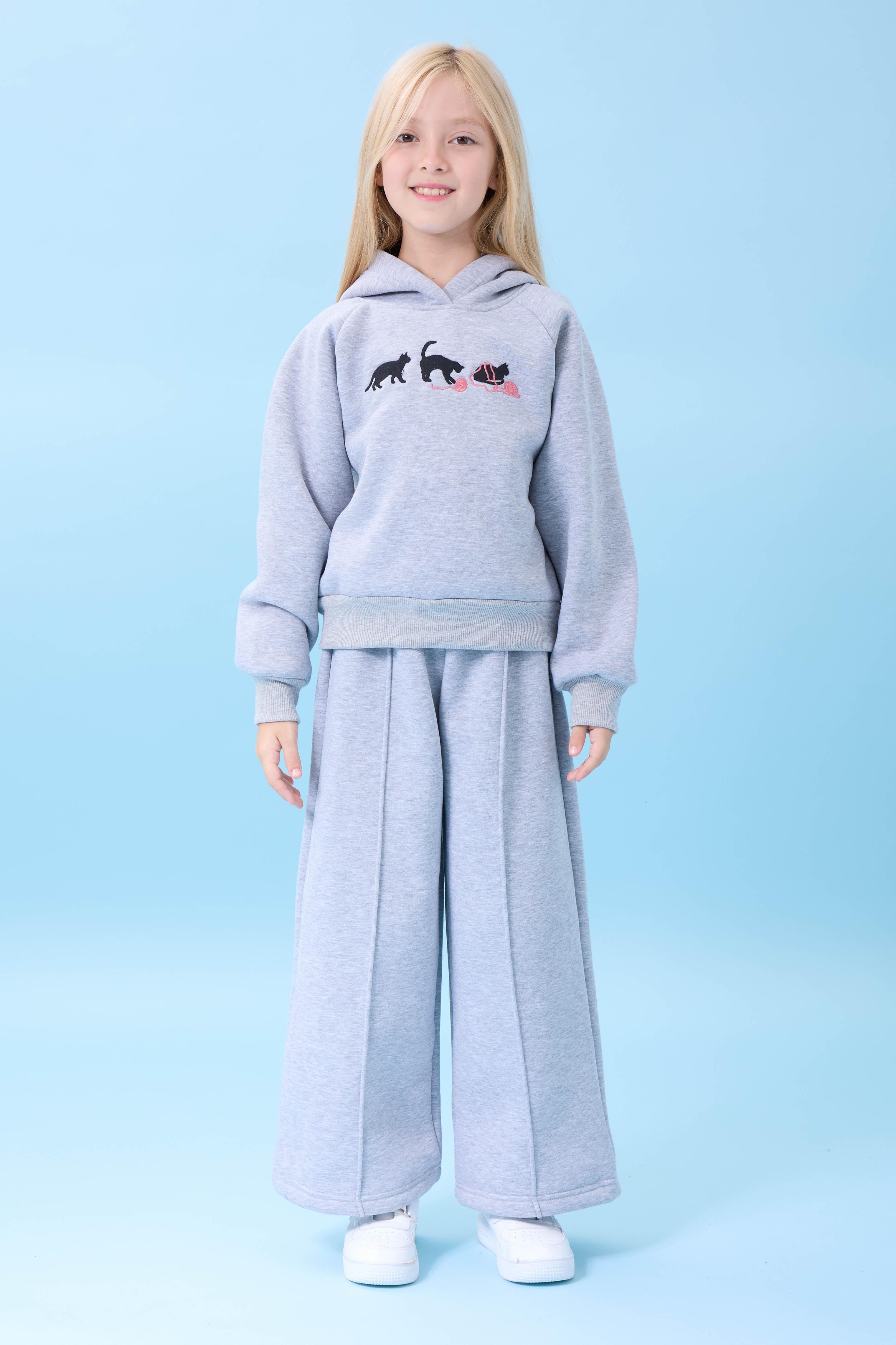 Kız Çocuk Kapüşonlu İçi Polarlı Kedi Nakışlı Şardonlu Kışlık Takım