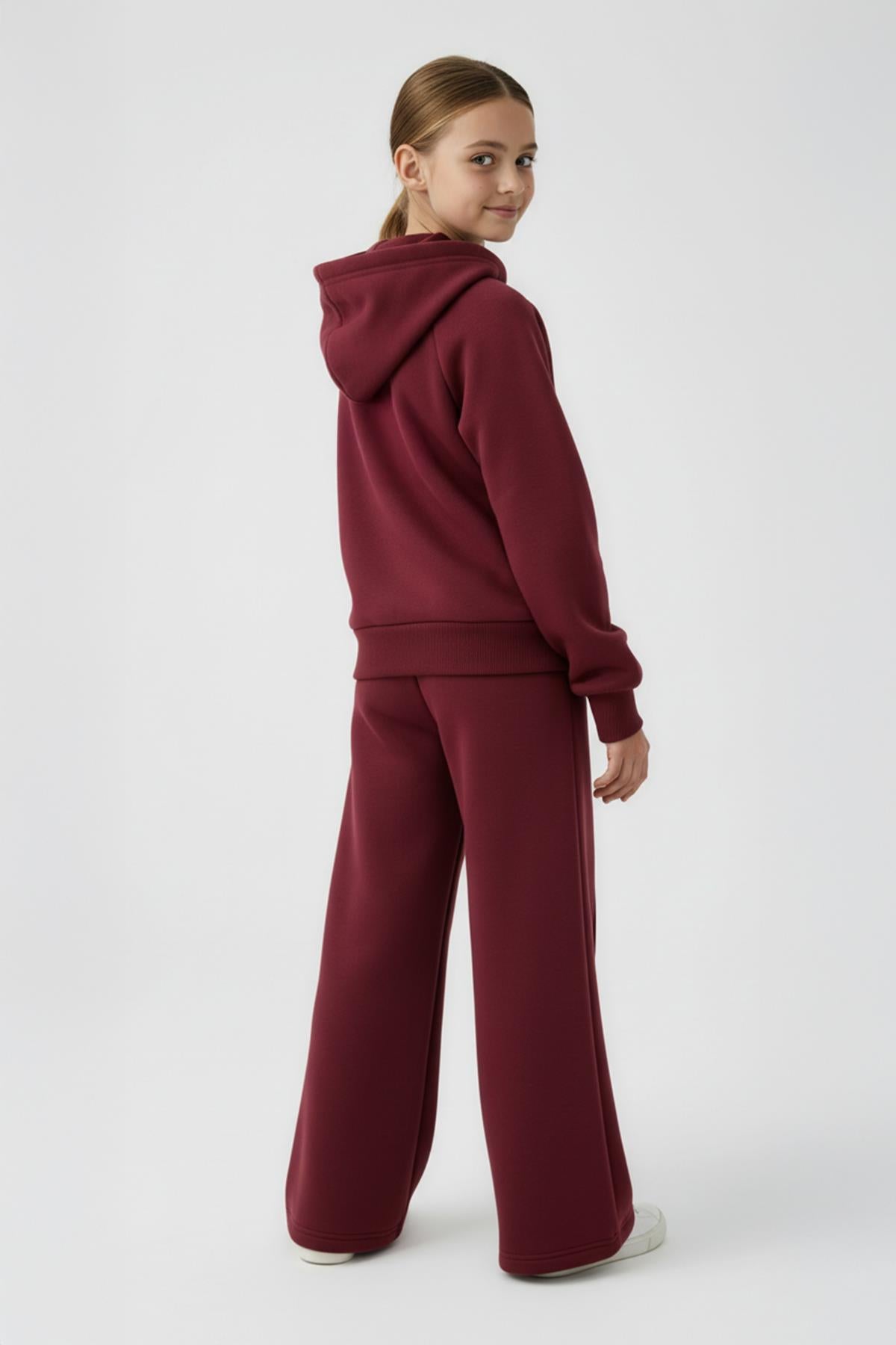 Kız Çocuk Kapüşonlu İçi Polarlı Kedi Nakışlı Şardonlu Kışlık Takım