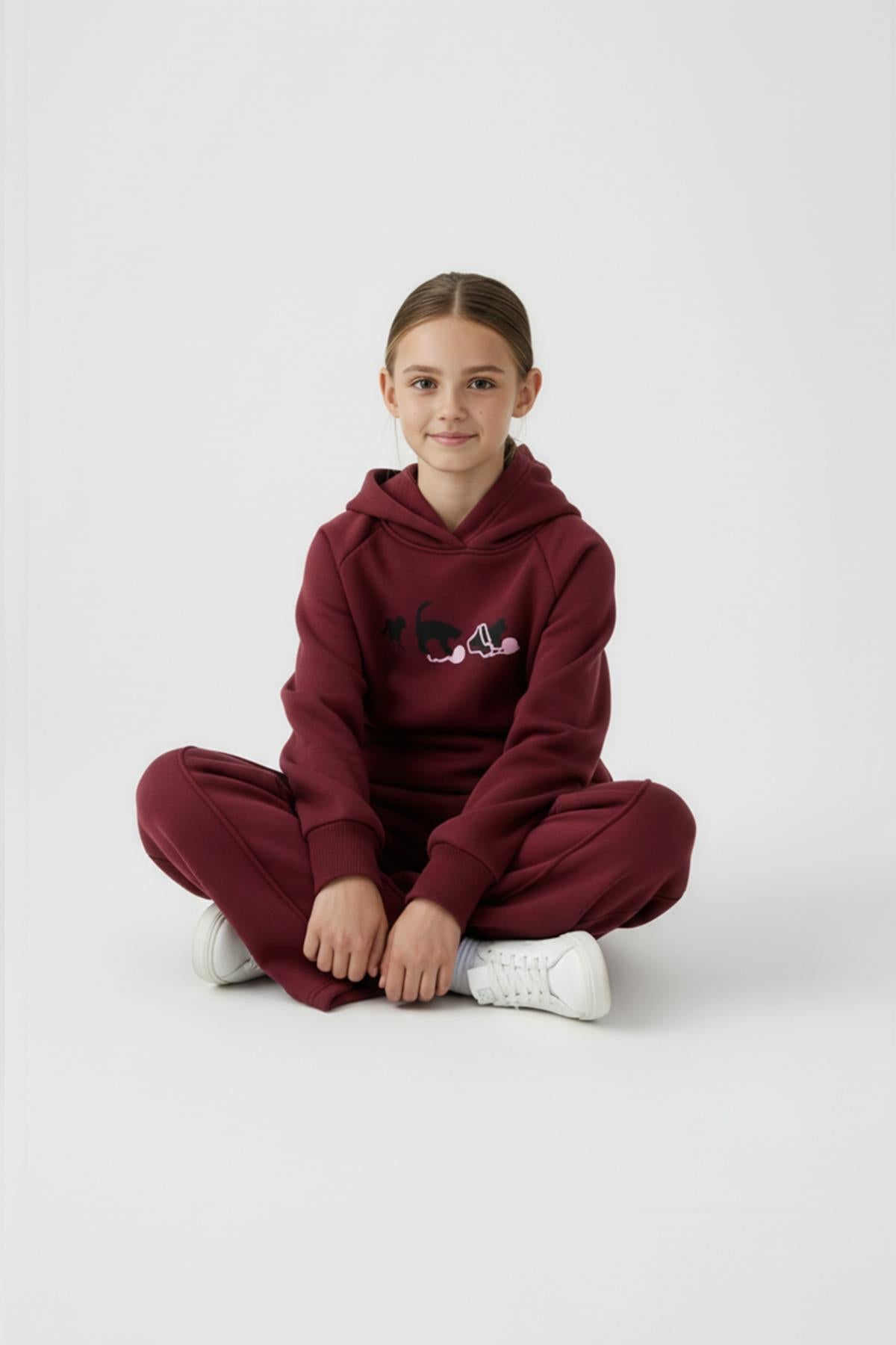Kız Çocuk Kapüşonlu İçi Polarlı Kedi Nakışlı Şardonlu Kışlık Takım