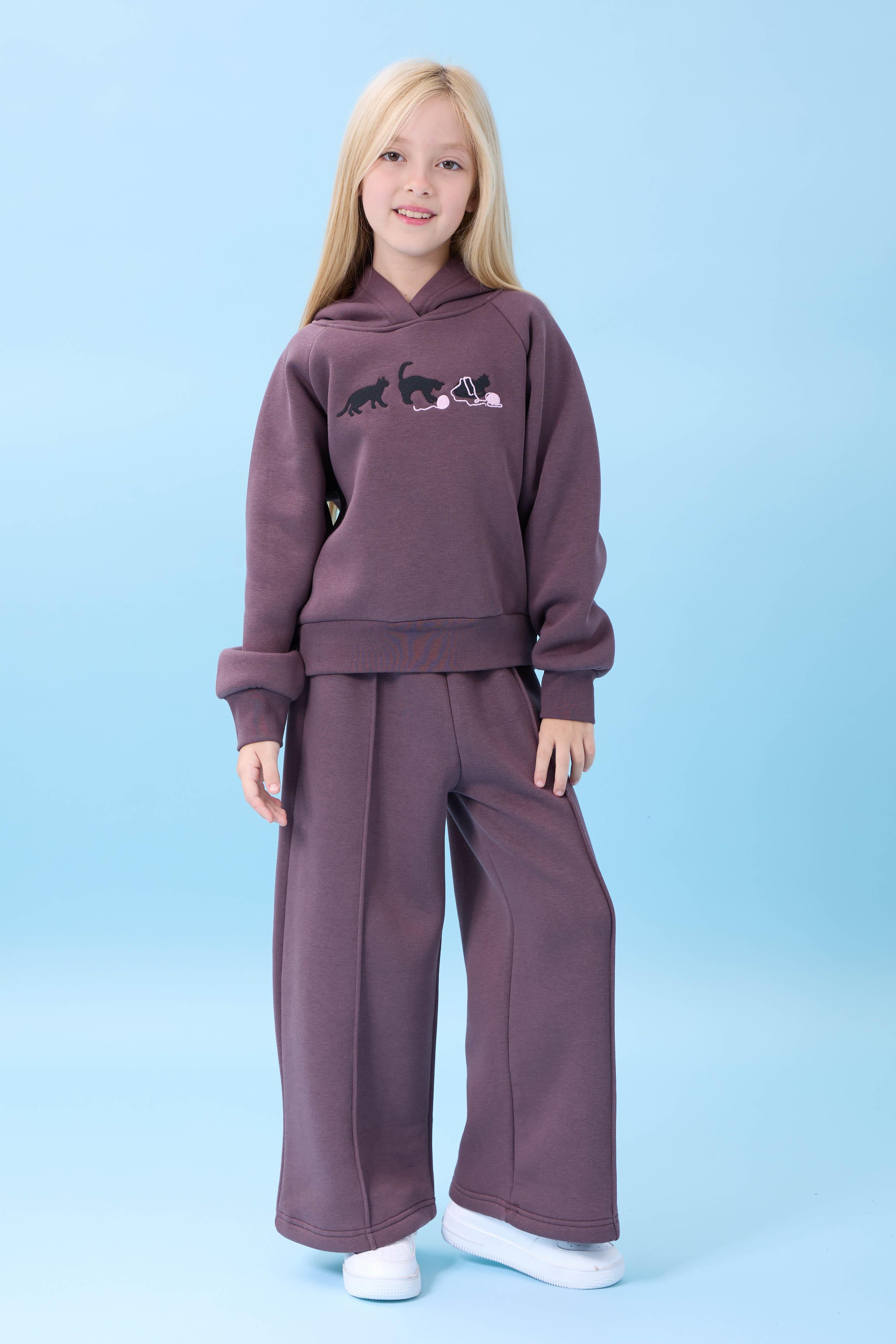 Kız Çocuk Kapüşonlu İçi Polarlı Kedi Nakışlı Şardonlu Kışlık Takım