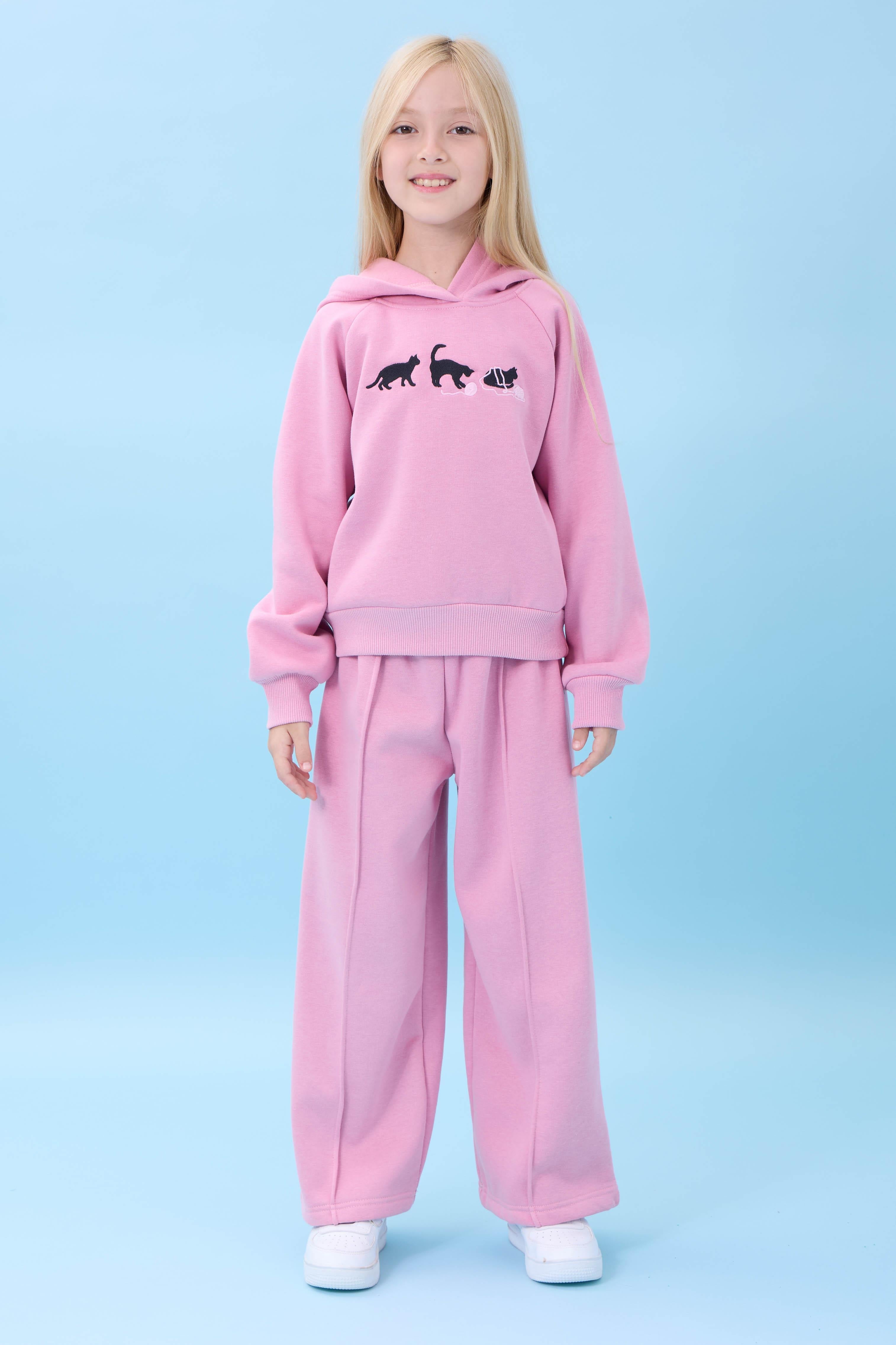 Kız Çocuk Kapüşonlu İçi Polarlı Kedi Nakışlı Şardonlu Kışlık Takım
