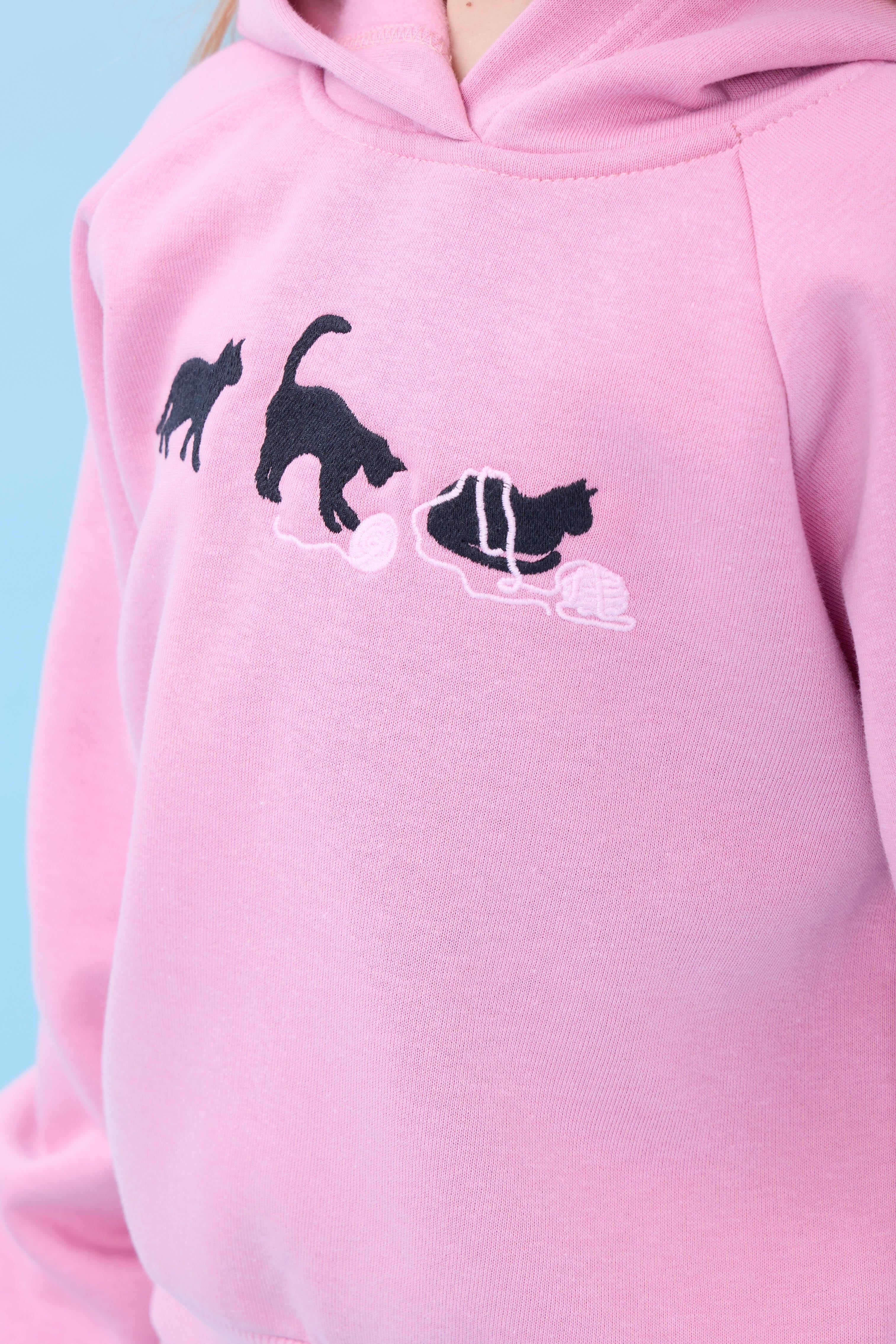 Kız Çocuk Kapüşonlu İçi Polarlı Kedi Nakışlı Şardonlu Kışlık Takım