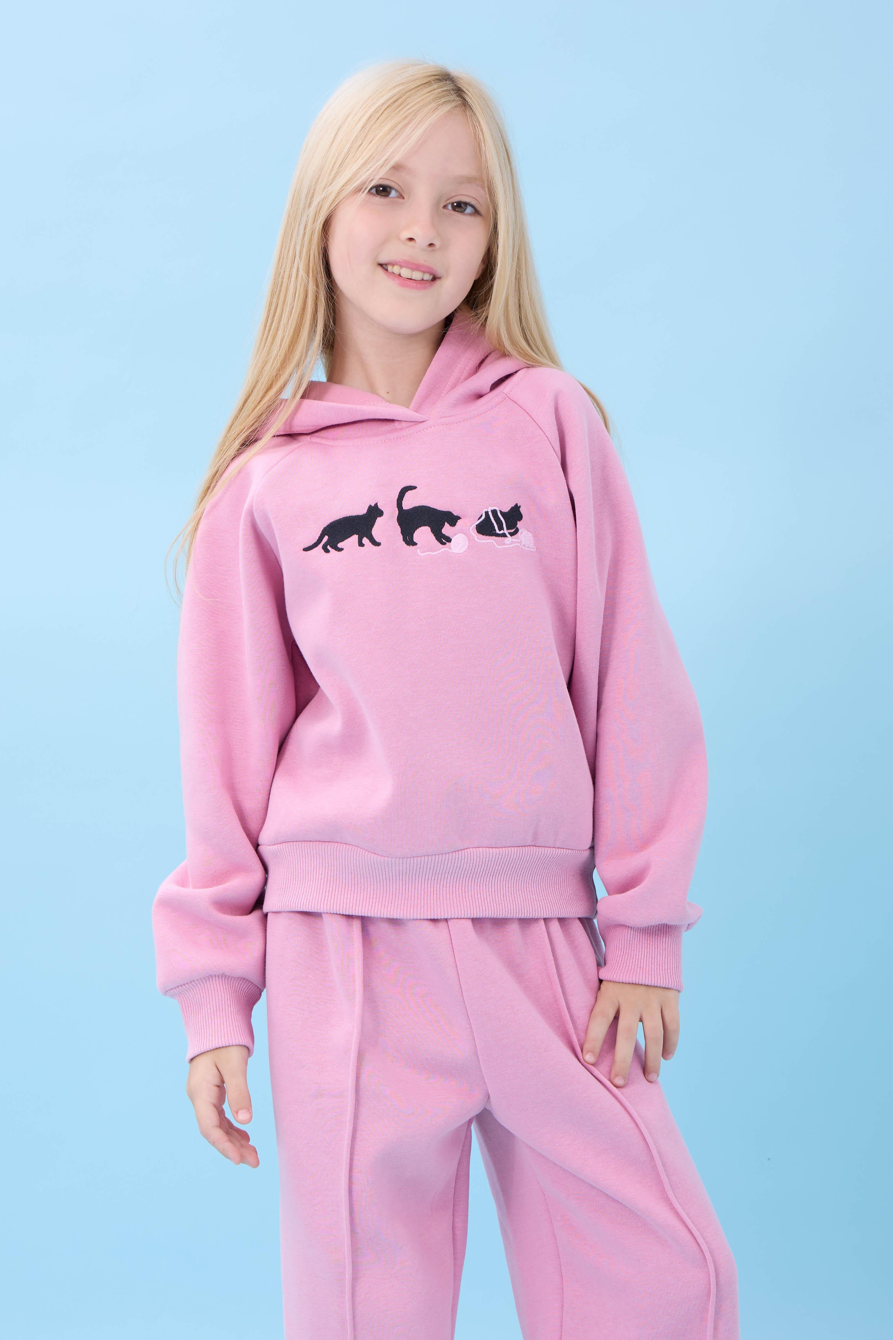Kız Çocuk Kapüşonlu İçi Polarlı Kedi Nakışlı Şardonlu Kışlık Takım