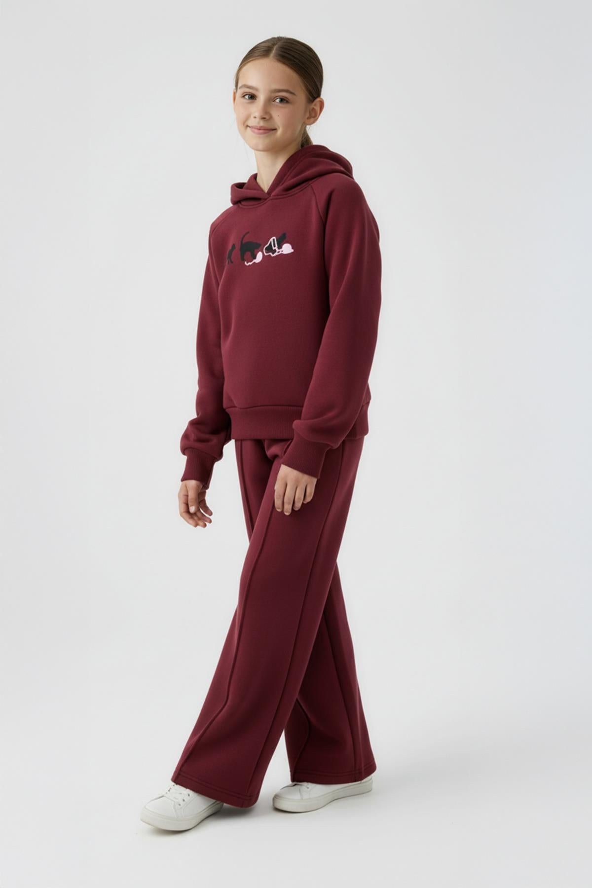 Kız Çocuk Kapüşonlu İçi Polarlı Kedi Nakışlı Şardonlu Kışlık Takım Bordo