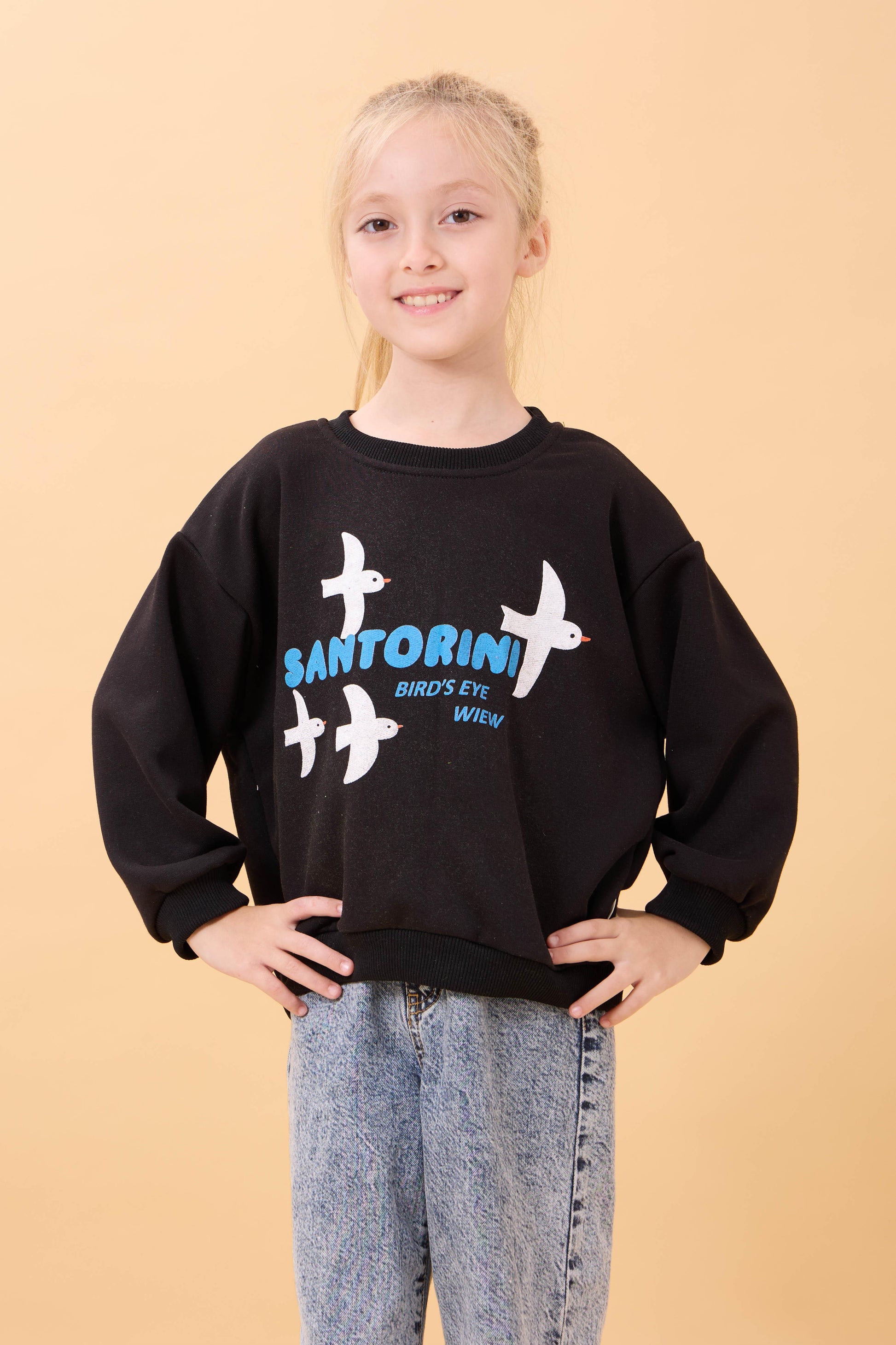 Kız Çocuk Oversize Santorini Baskılı Mevsimlik Sweatshirt