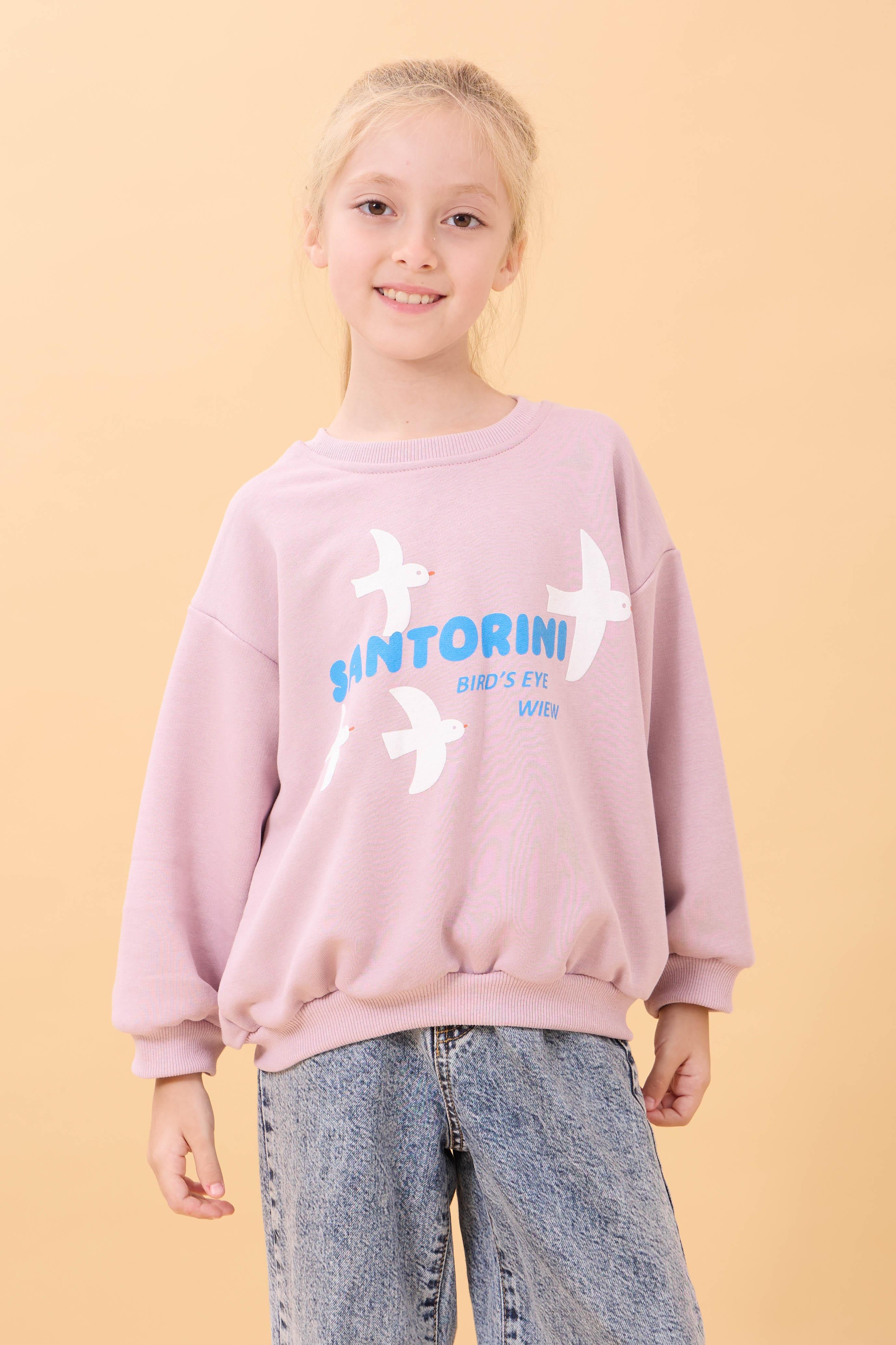 Kız Çocuk Oversize Santorini Baskılı Mevsimlik Sweatshirt Açık Gül Rengi