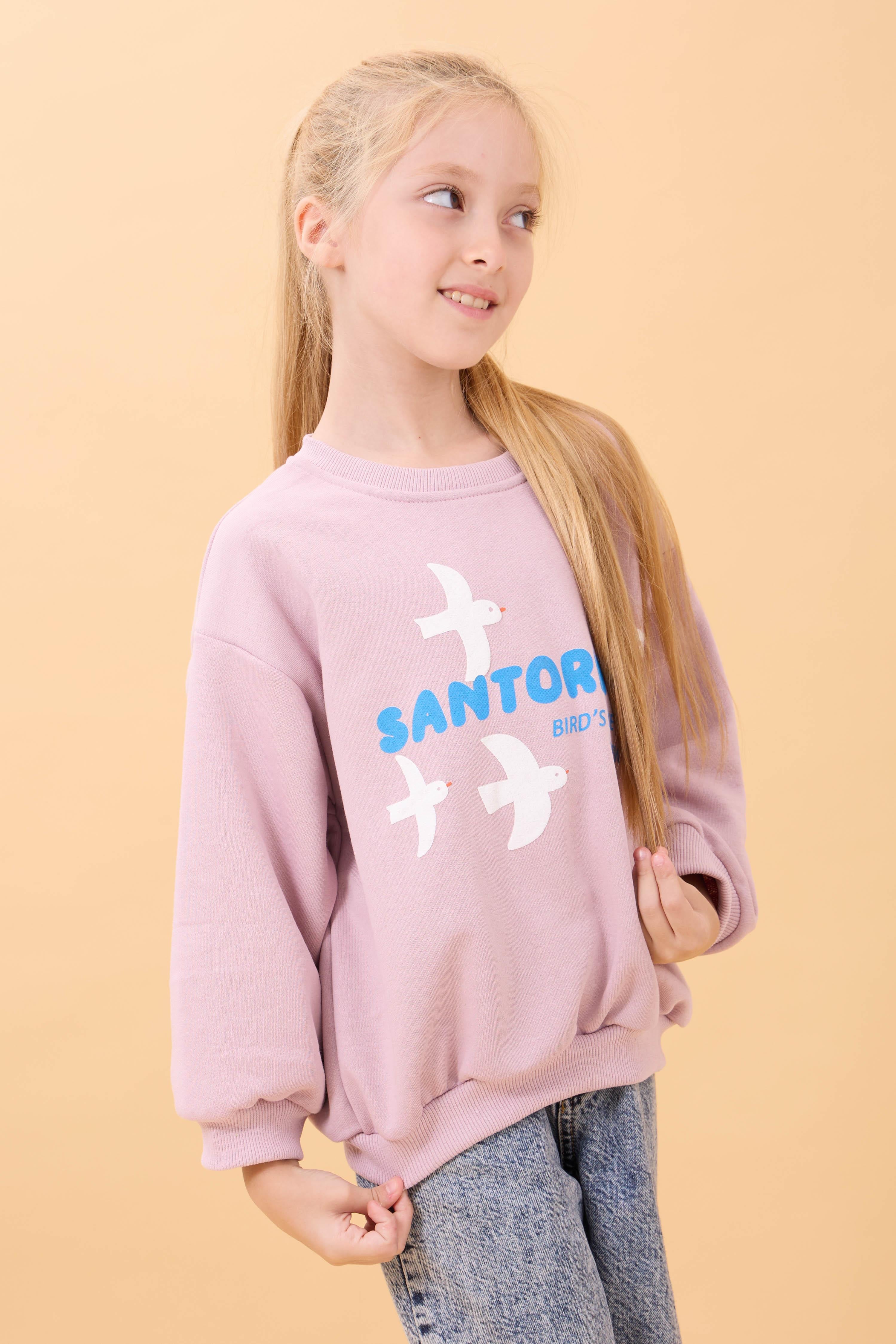 Kız Çocuk Oversize Santorini Baskılı Mevsimlik Sweatshirt Açık Gül Rengi
