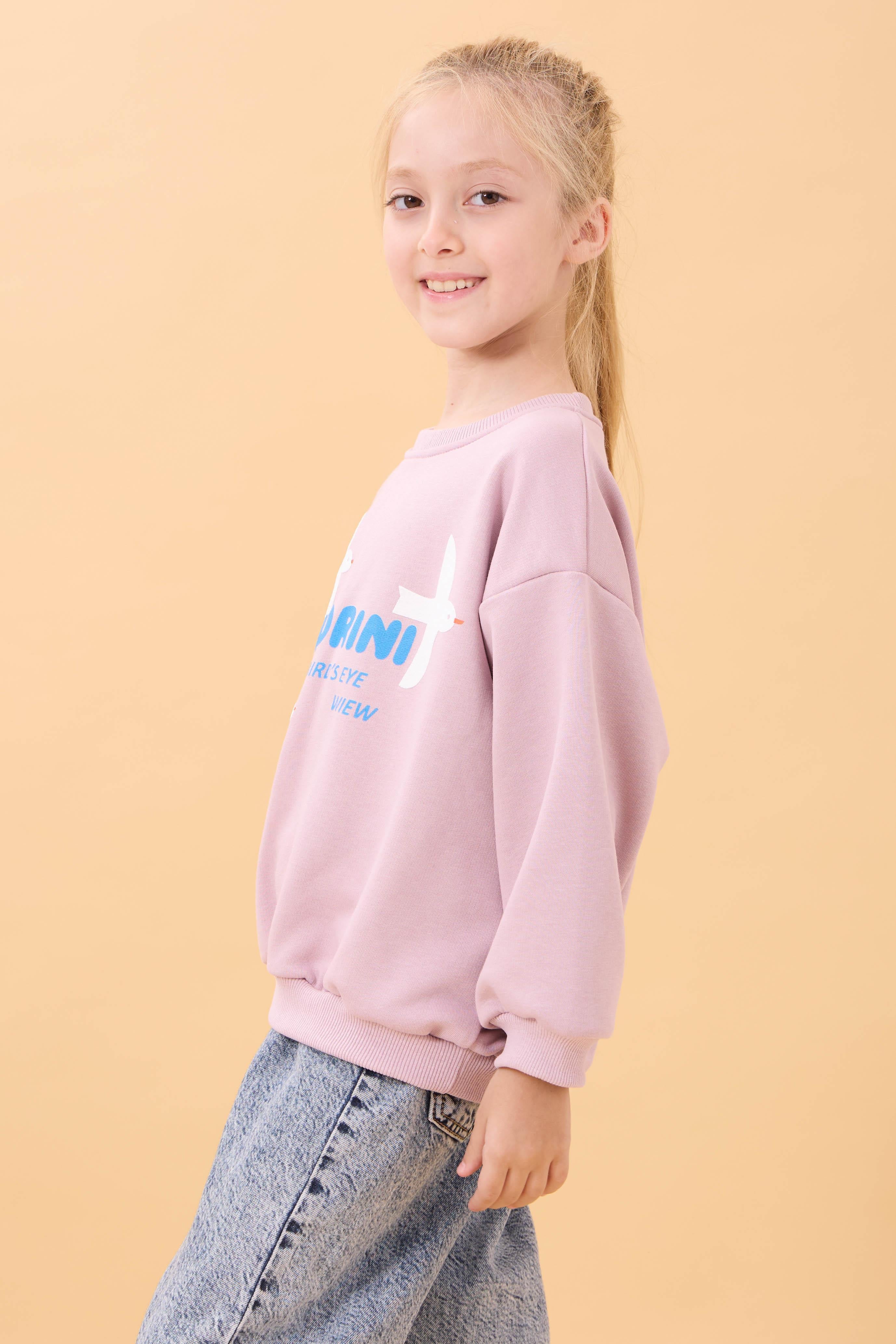 Kız Çocuk Oversize Santorini Baskılı Mevsimlik Sweatshirt Açık Gül Rengi
