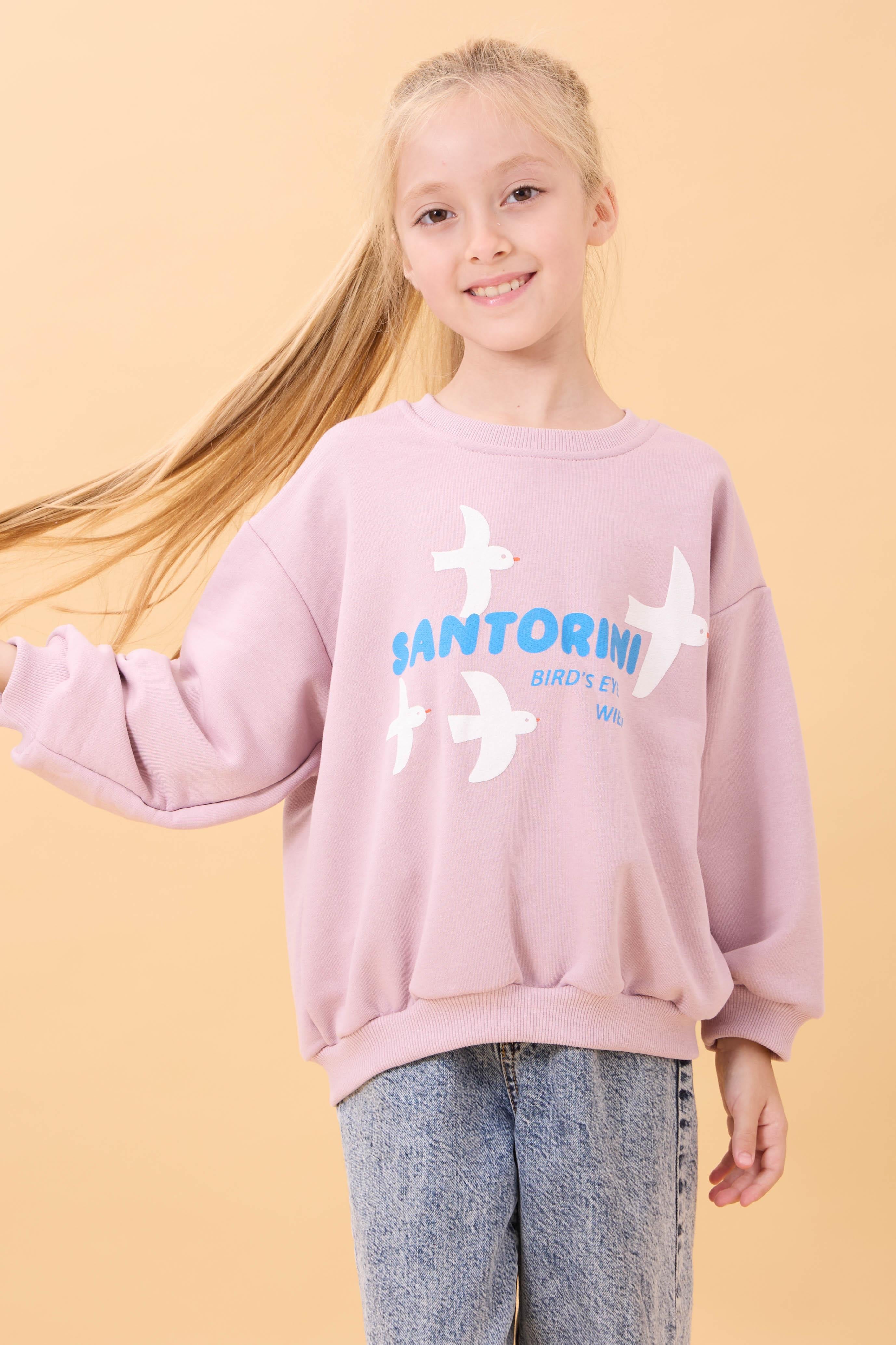 Kız Çocuk Oversize Santorini Baskılı Mevsimlik Sweatshirt Açık Gül Rengi