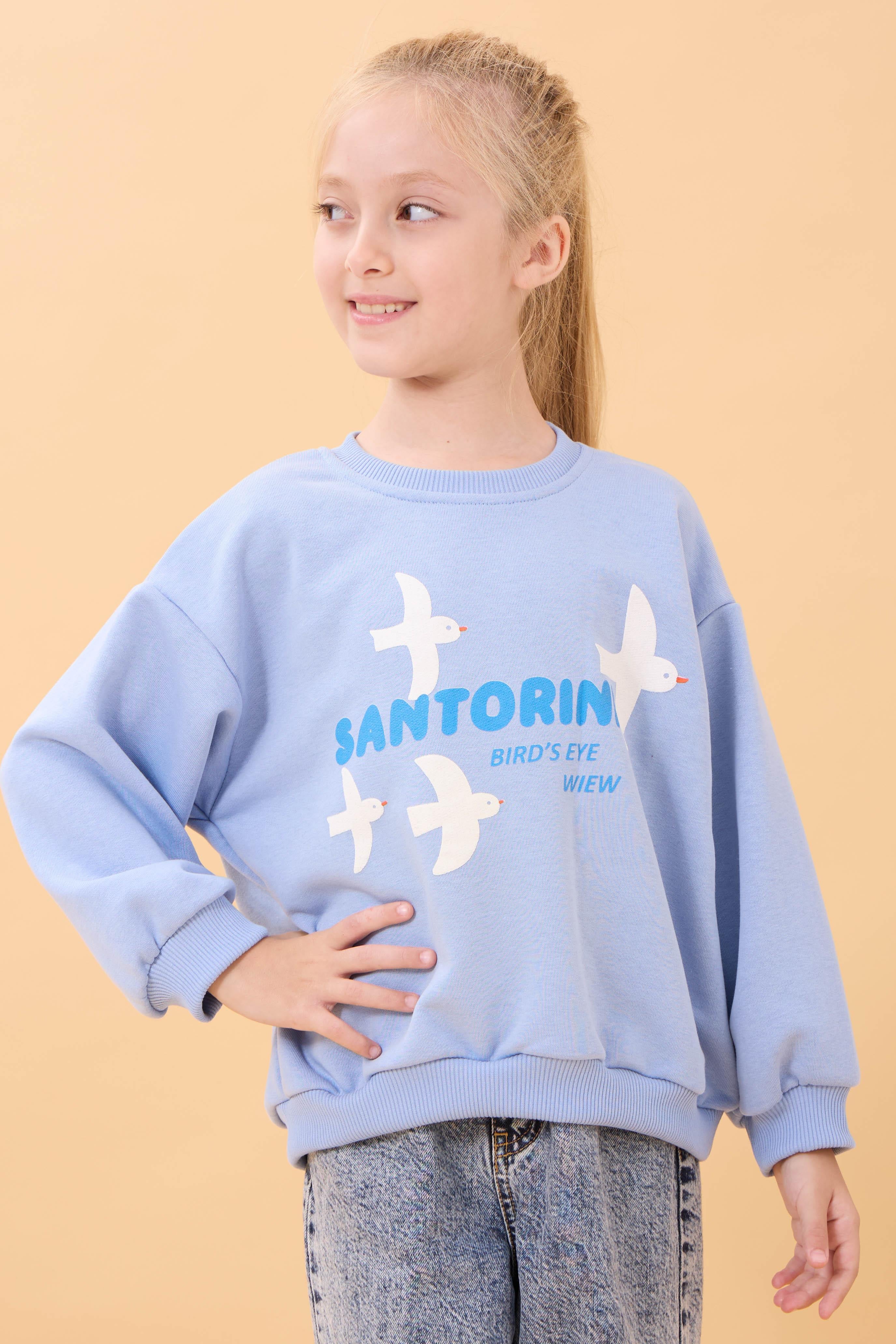 Kız Çocuk Oversize Santorini Baskılı Mevsimlik Sweatshirt Mavi