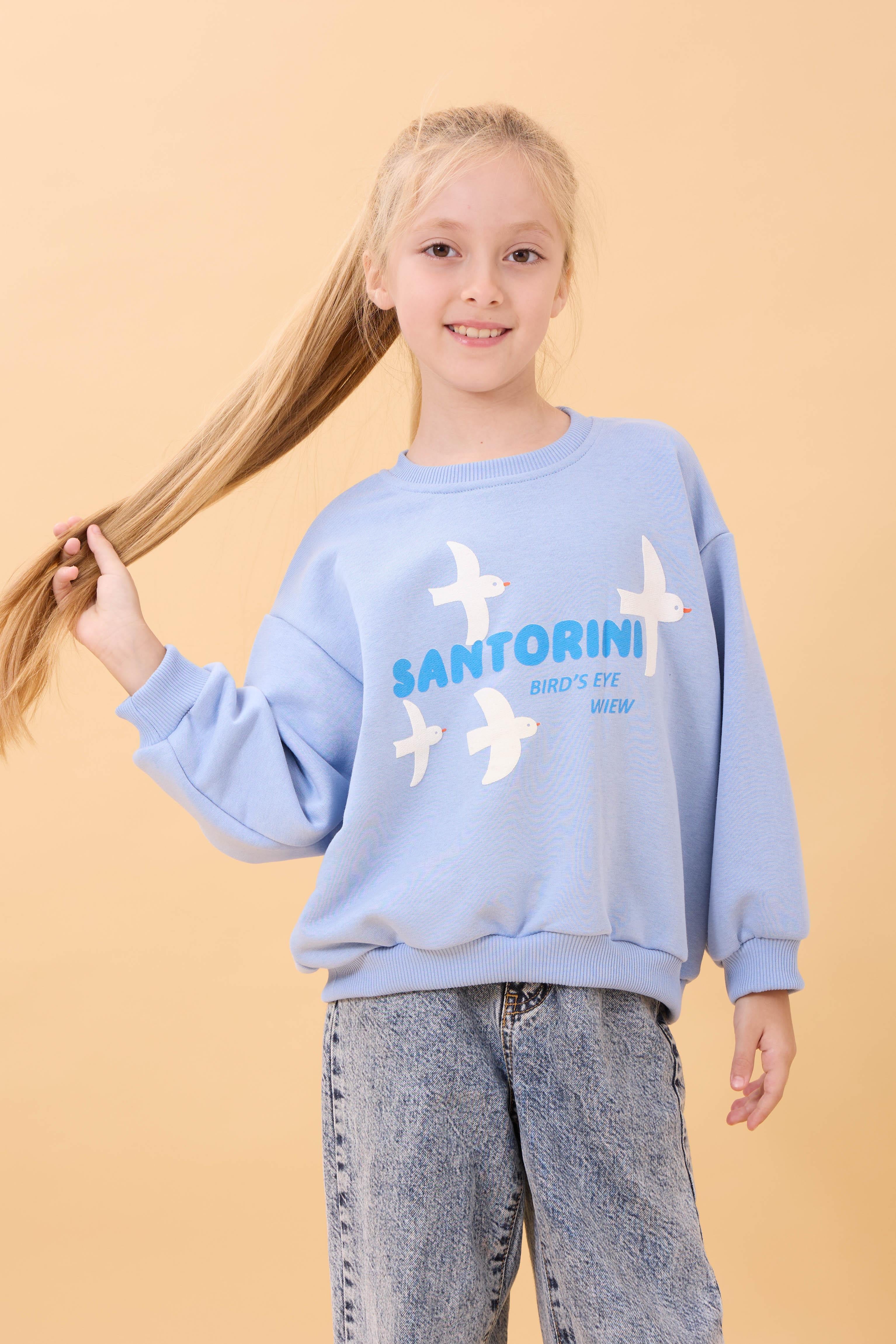 Kız Çocuk Oversize Santorini Baskılı Mevsimlik Sweatshirt Mavi