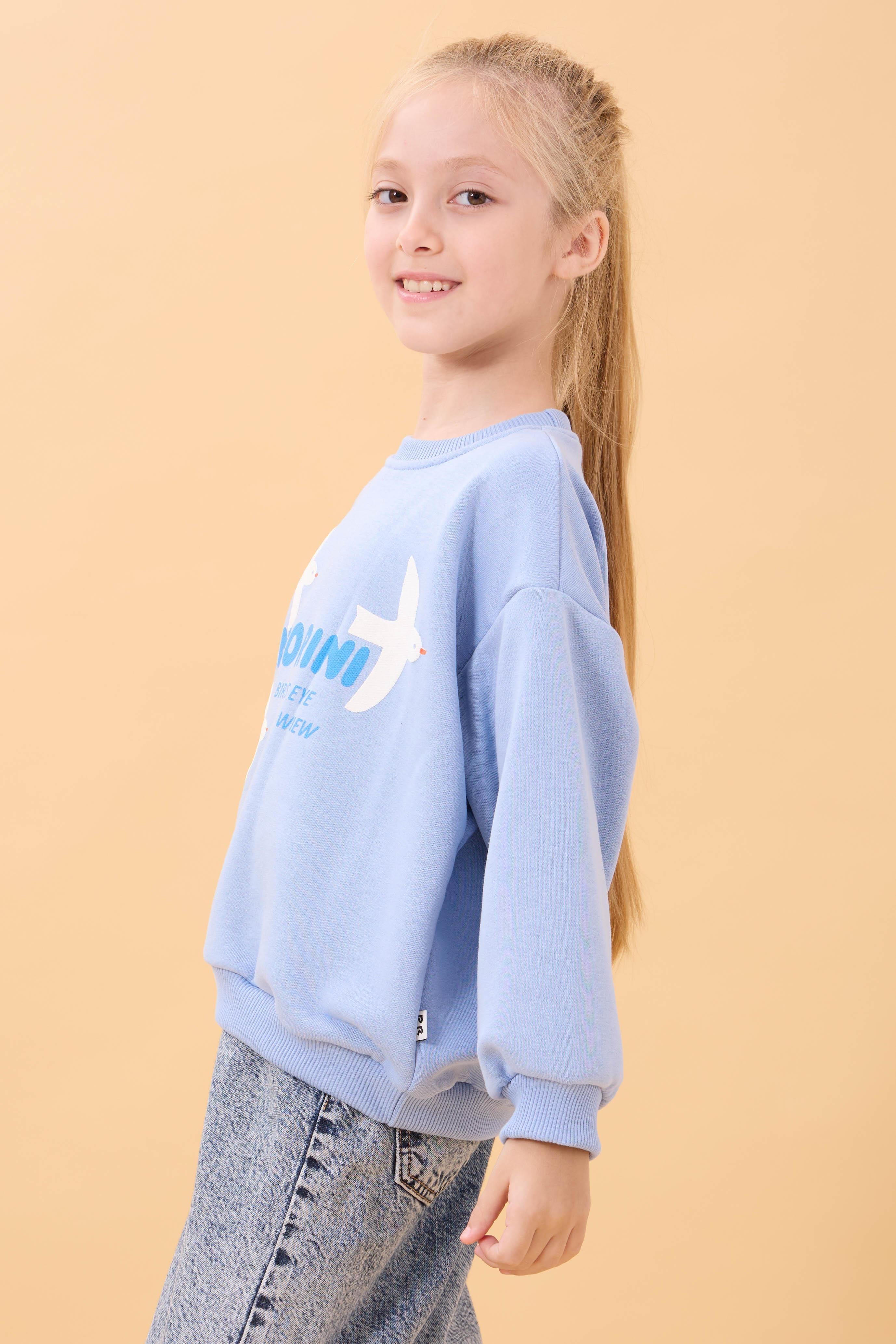 Kız Çocuk Oversize Santorini Baskılı Mevsimlik Sweatshirt Mavi