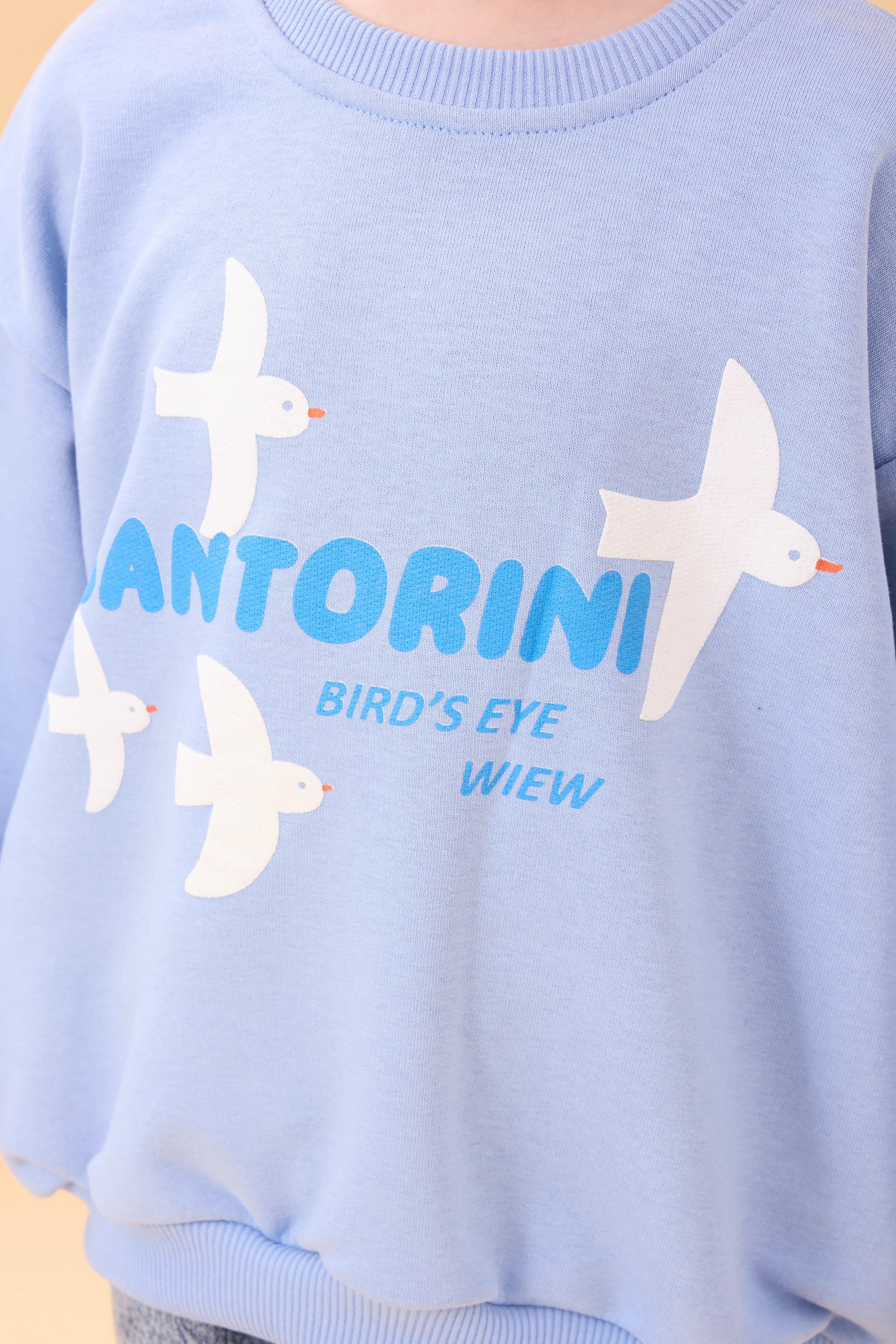 Kız Çocuk Oversize Santorini Baskılı Mevsimlik Sweatshirt Mavi