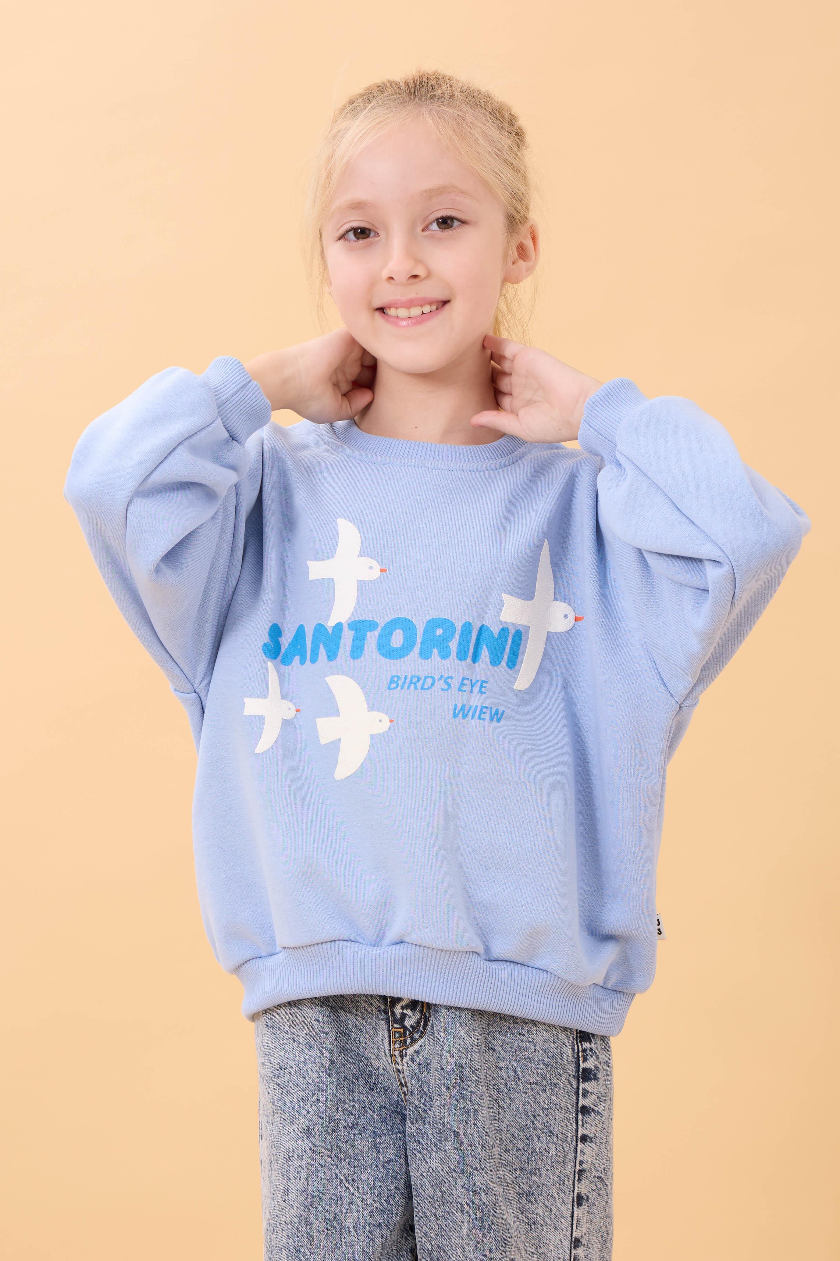 Kız Çocuk Oversize Santorini Baskılı Mevsimlik Sweatshirt Mavi
