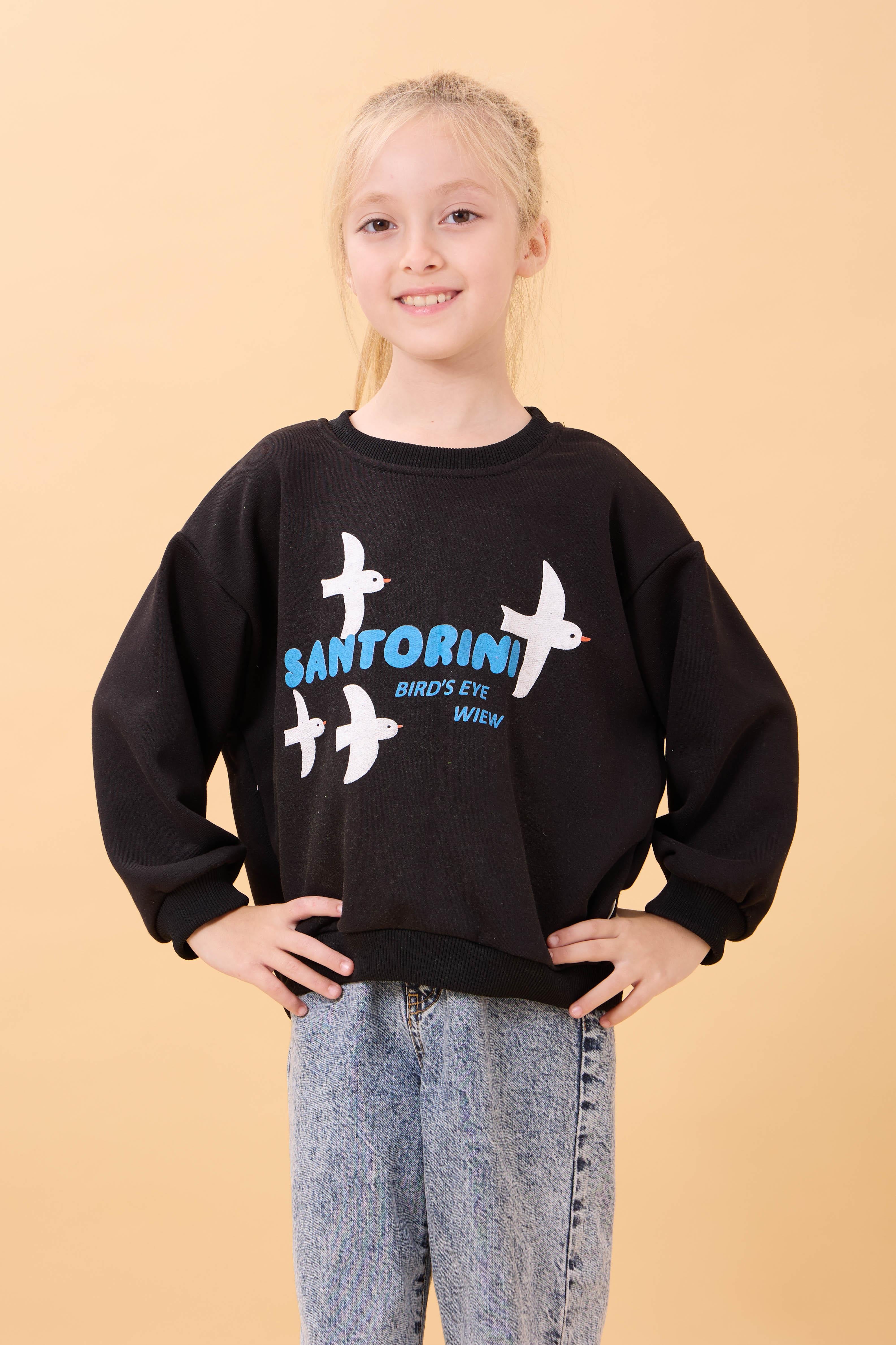 Kız Çocuk Oversize Santorini Baskılı Mevsimlik Sweatshirt Siyah