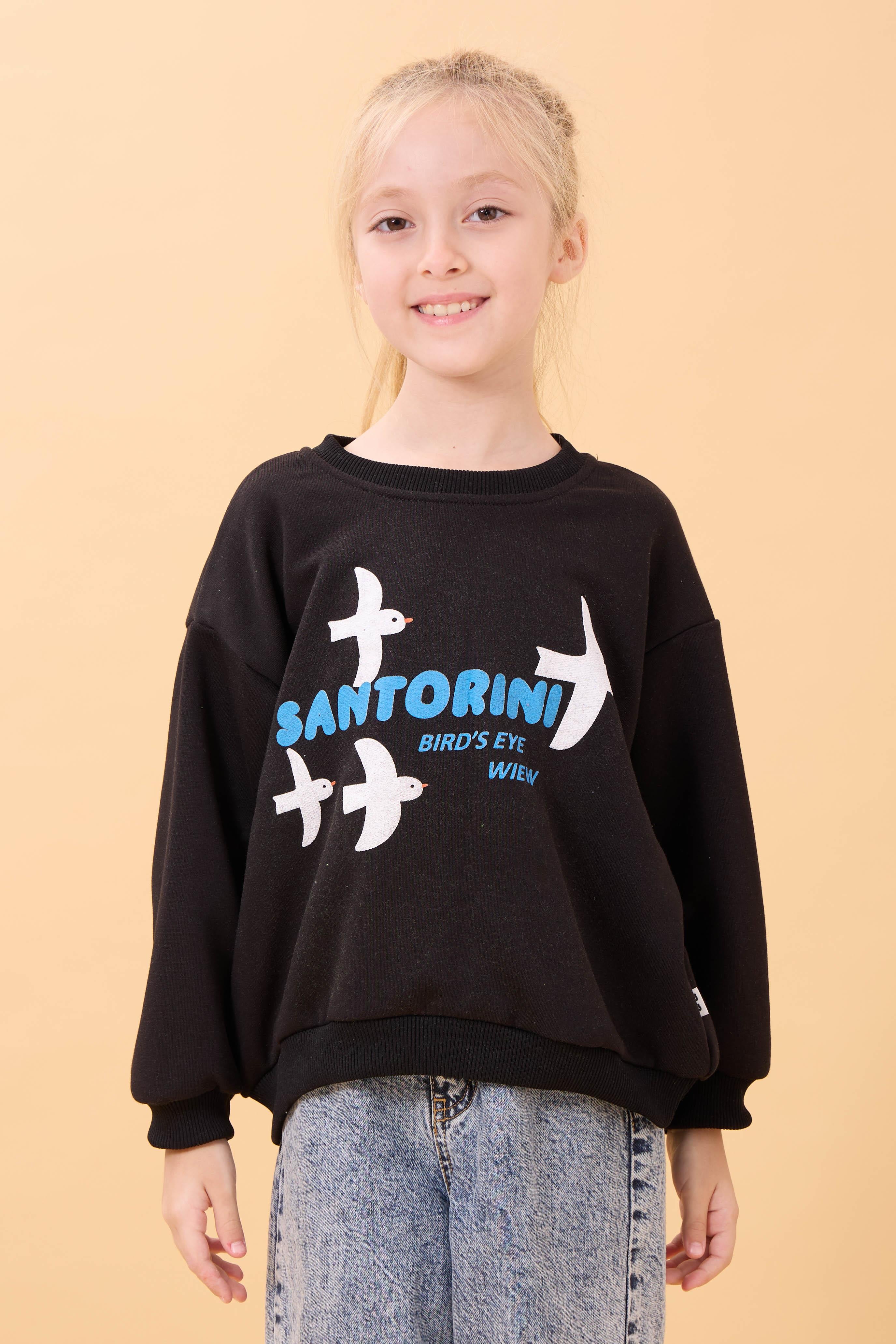 Kız Çocuk Oversize Santorini Baskılı Mevsimlik Sweatshirt Siyah