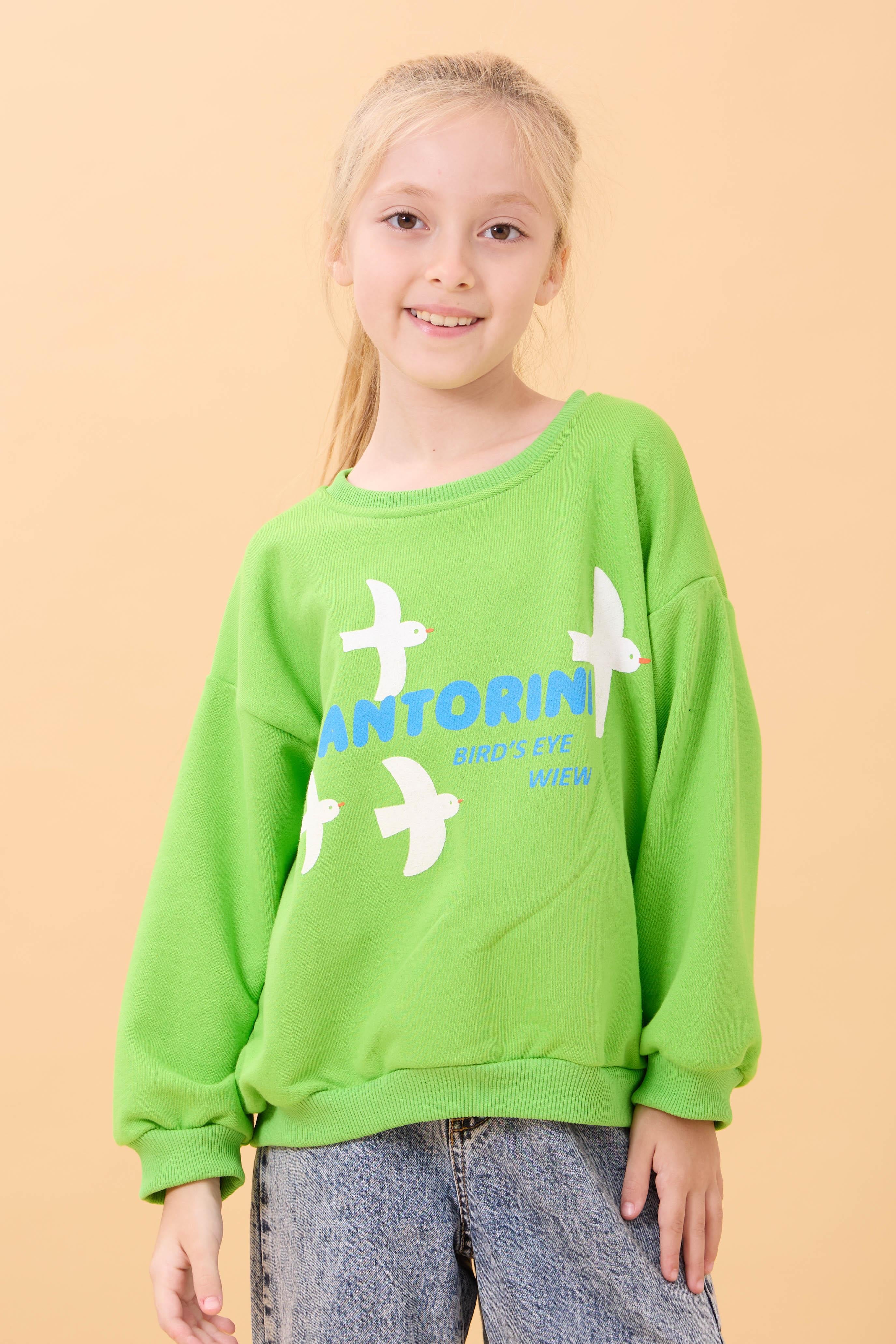 Kız Çocuk Oversize Santorini Baskılı Mevsimlik Sweatshirt Yeşil