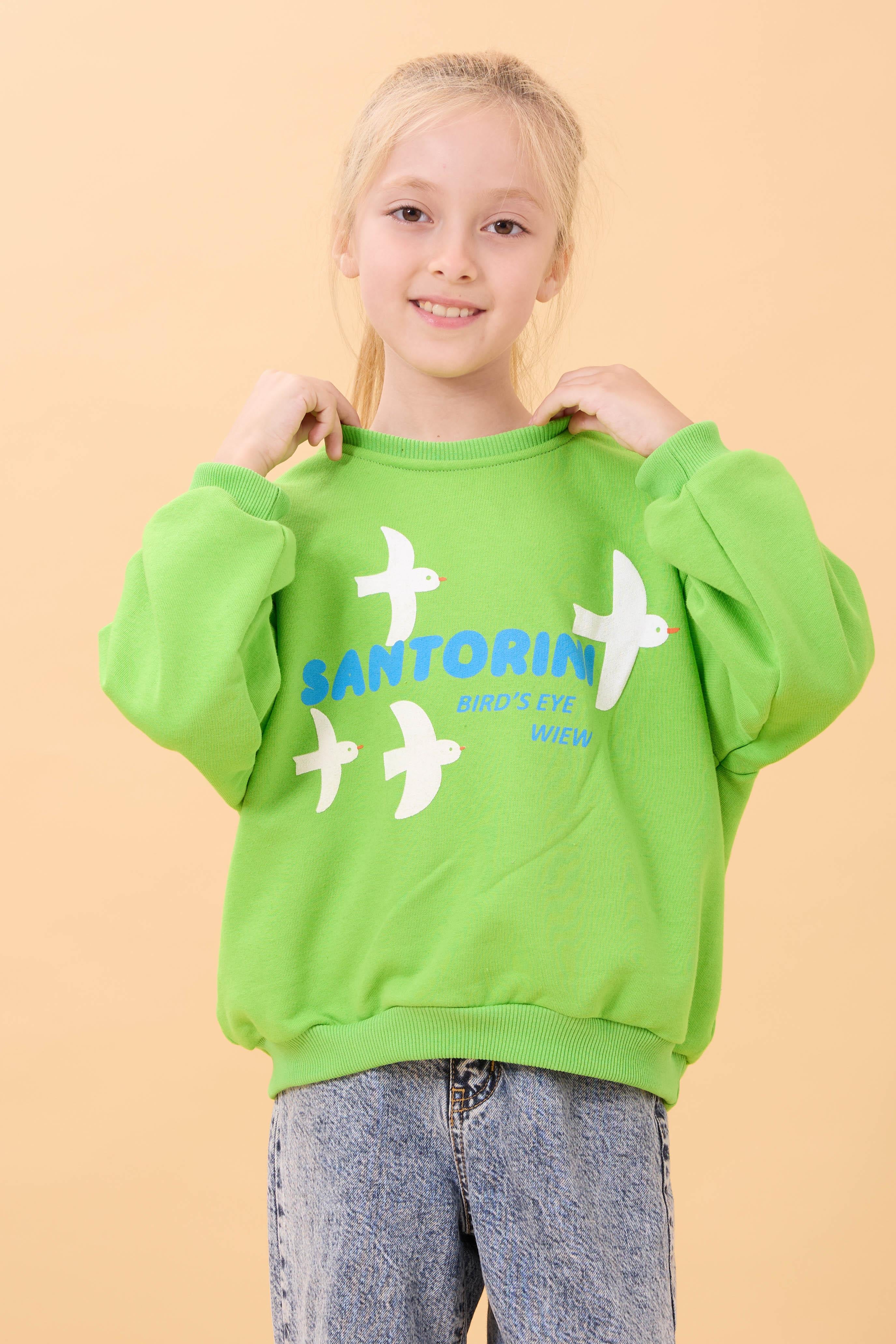 Kız Çocuk Oversize Santorini Baskılı Mevsimlik Sweatshirt Yeşil