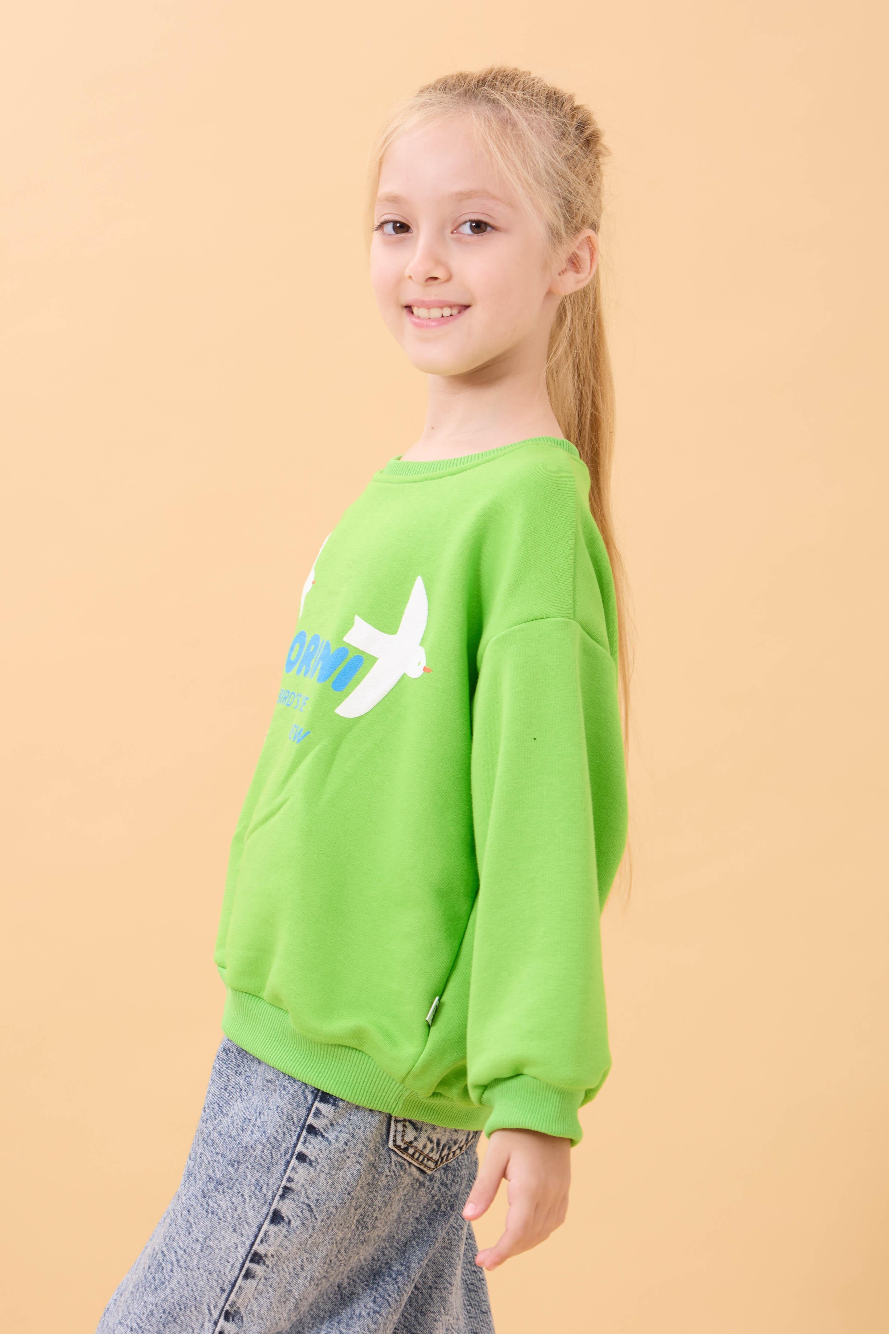 Kız Çocuk Oversize Santorini Baskılı Mevsimlik Sweatshirt Yeşil