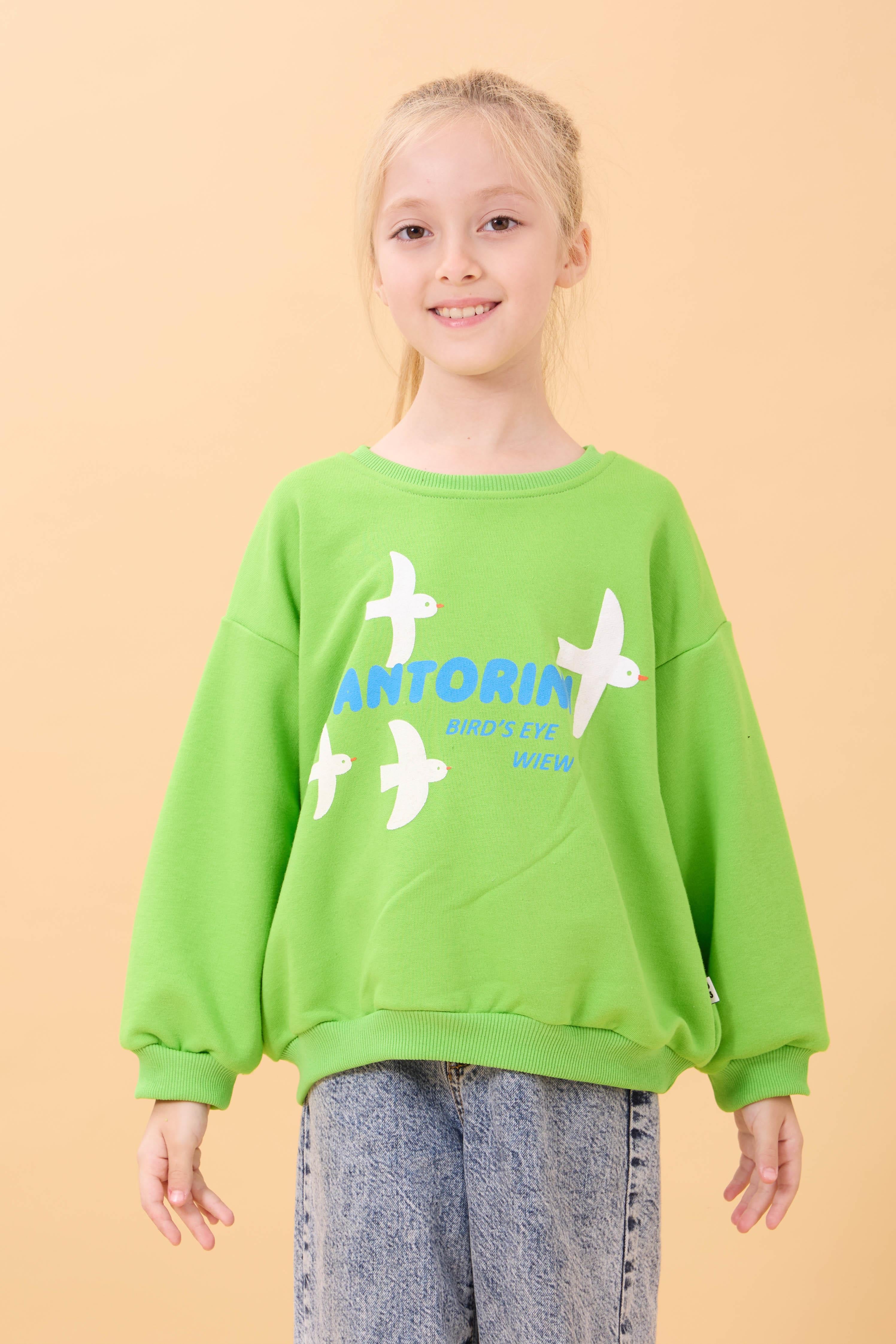 Kız Çocuk Oversize Santorini Baskılı Mevsimlik Sweatshirt Yeşil