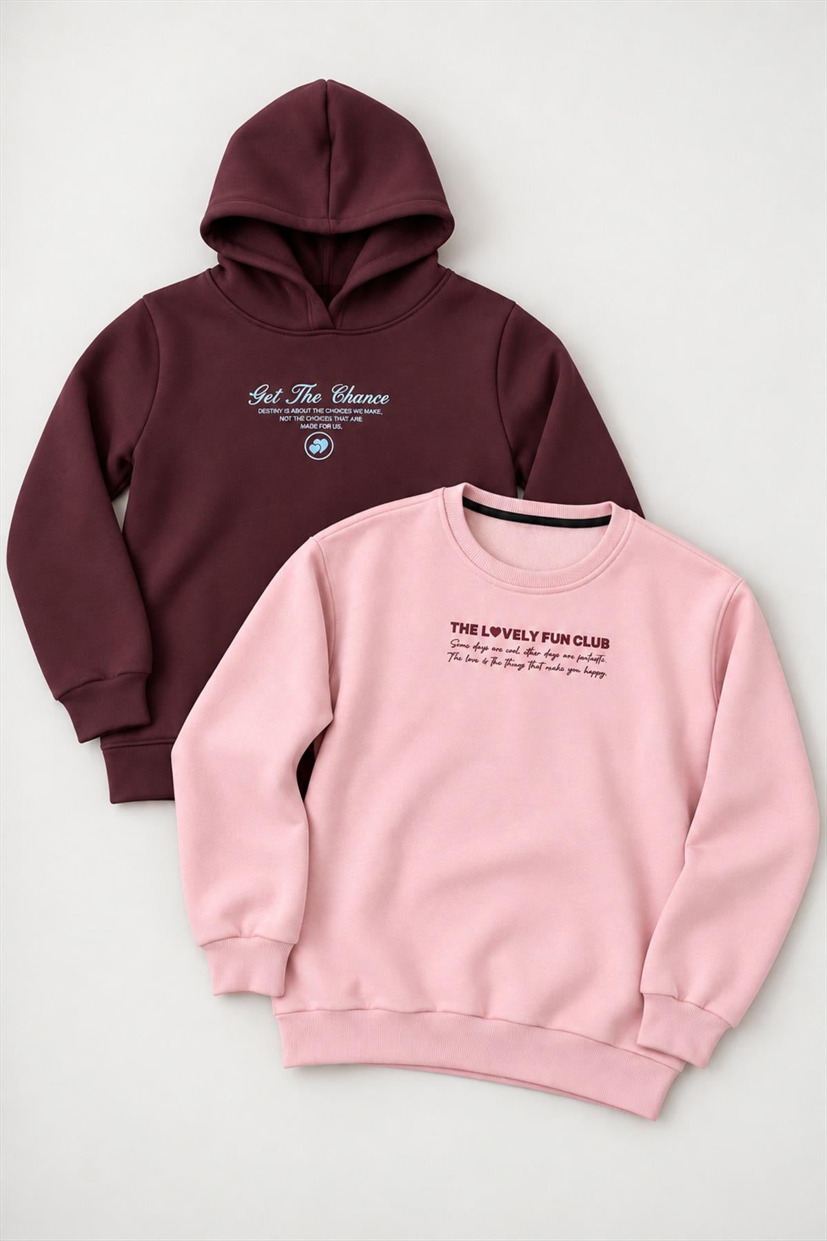 Kız Çocuk 2'li Kapüşonlu ve Bisiklet Yaka Baskılı Kışlık Sweatshirt Seti