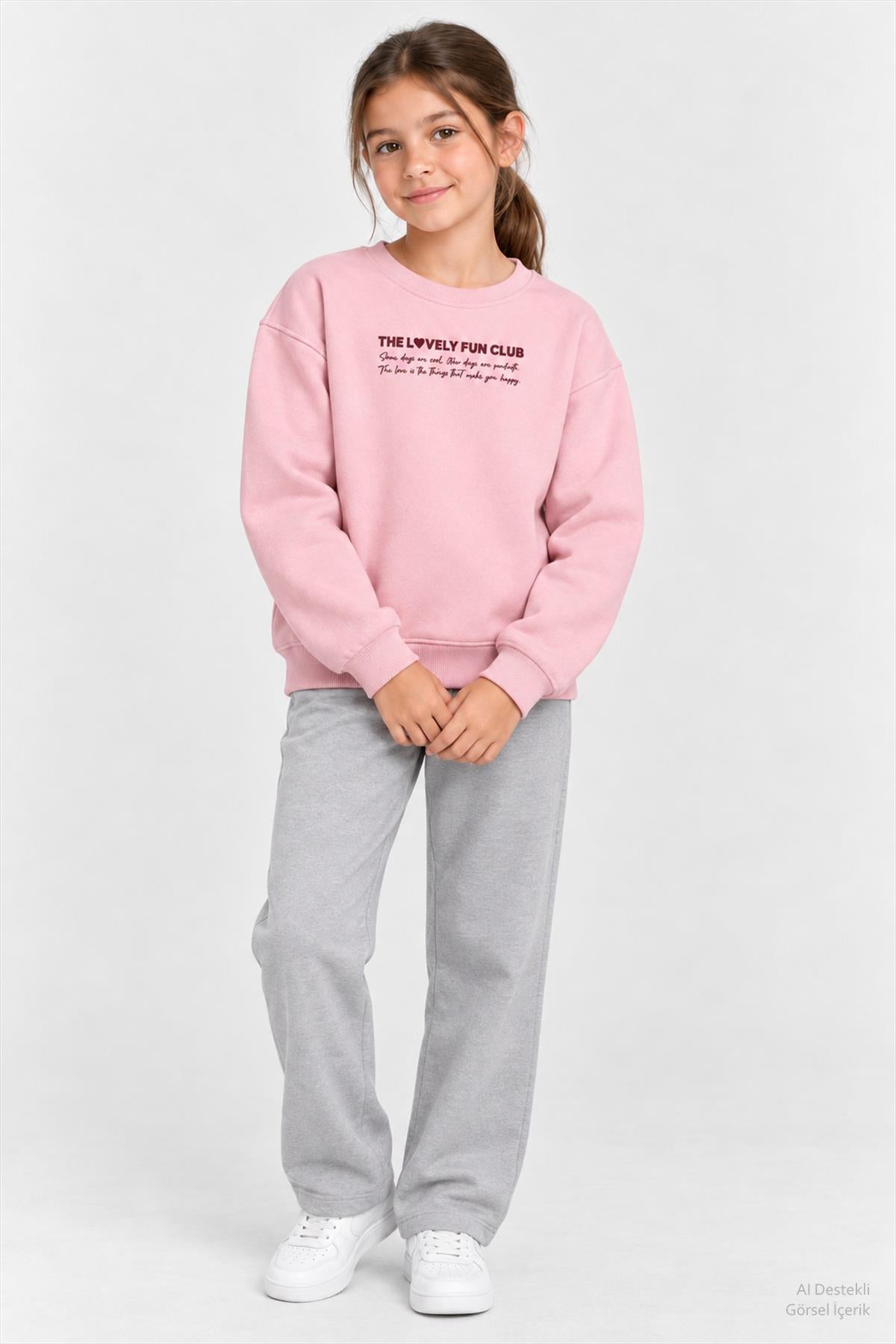 Kız Çocuk 2'li Kapüşonlu ve Bisiklet Yaka Baskılı Kışlık Sweatshirt Seti