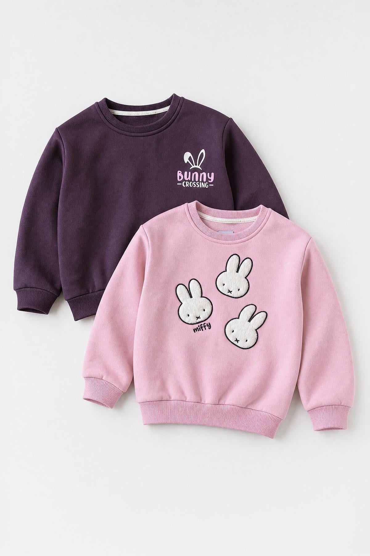 Kız Çocuk 2'li Tavşan Nakışlı Kışlık Sweatshirt Seti