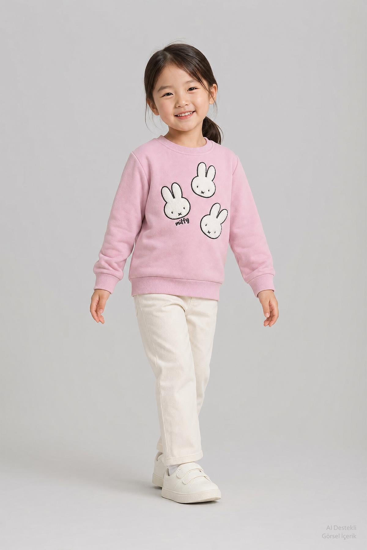 Kız Çocuk 2'li Tavşan Nakışlı Kışlık Sweatshirt Seti