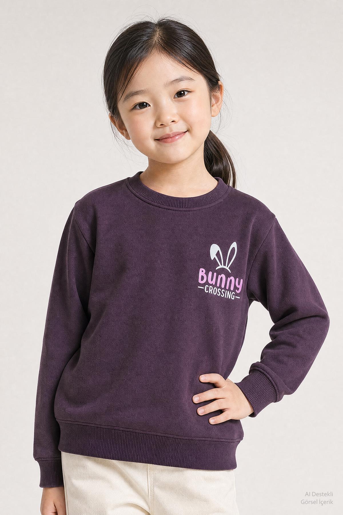 Kız Çocuk 2'li Tavşan Nakışlı Kışlık Sweatshirt Seti