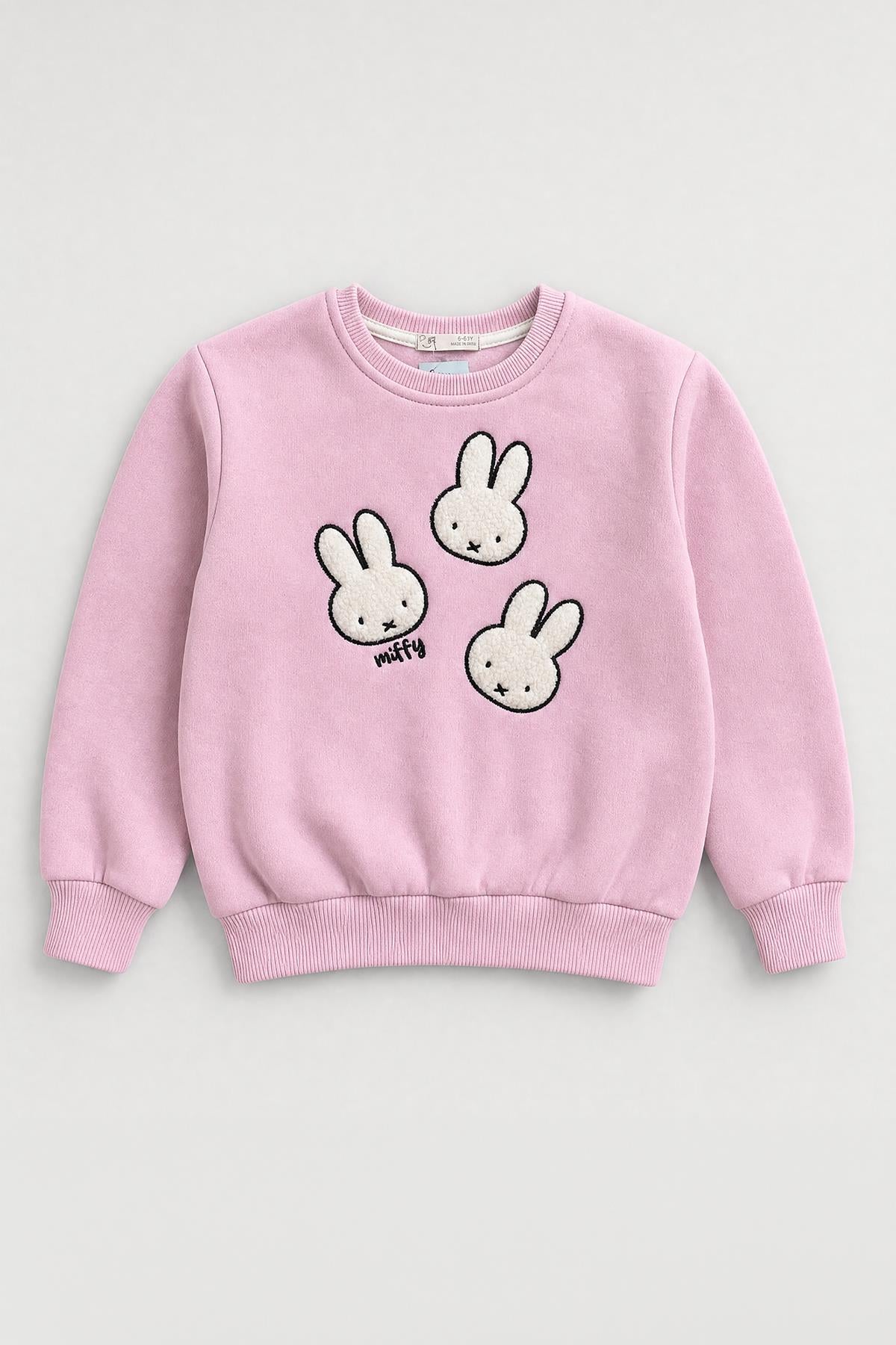 Kız Çocuk 2'li Tavşan Nakışlı Kışlık Sweatshirt Seti