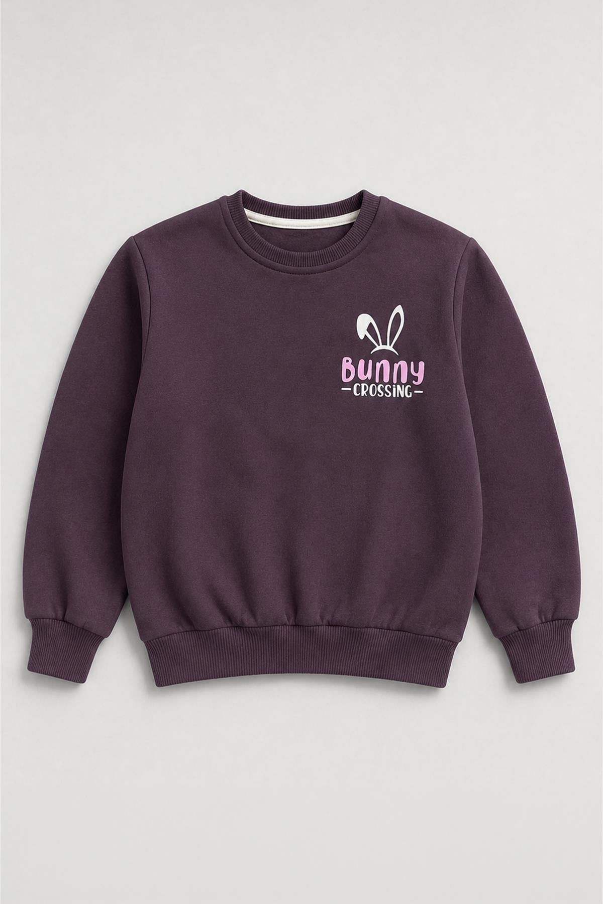 Kız Çocuk 2'li Tavşan Nakışlı Kışlık Sweatshirt Seti