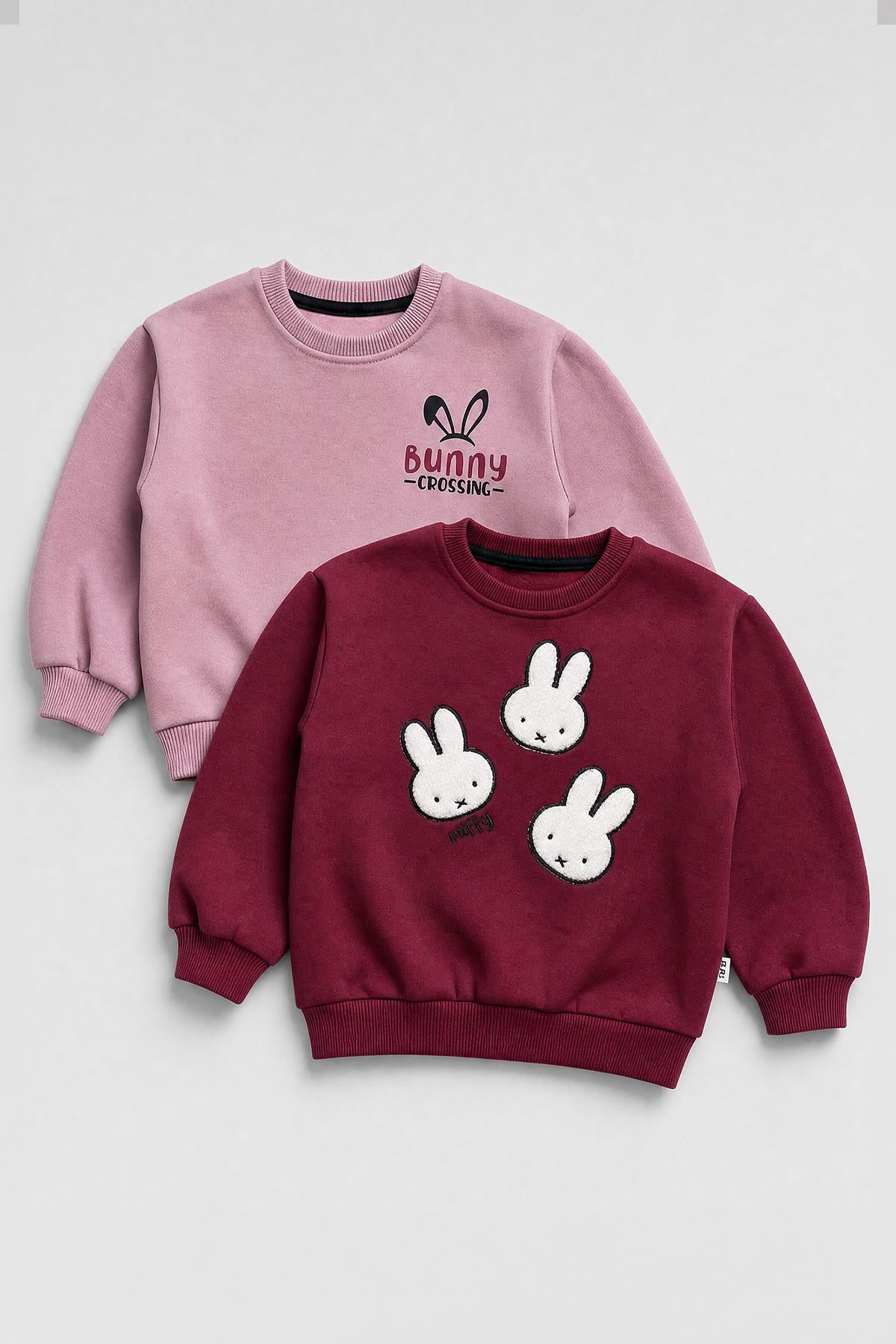 Kız Çocuk 2'li Tavşan Nakışlı Kışlık Sweatshirt Seti