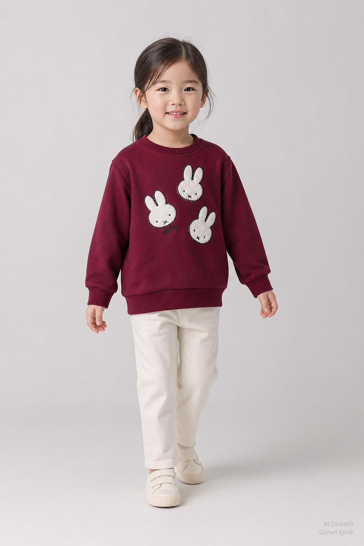 Kız Çocuk 2'li Tavşan Nakışlı Kışlık Sweatshirt Seti