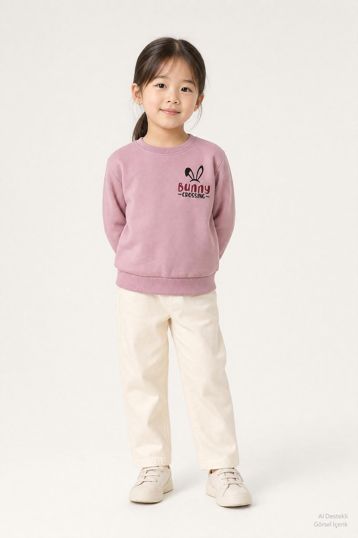 Kız Çocuk 2'li Tavşan Nakışlı Kışlık Sweatshirt Seti