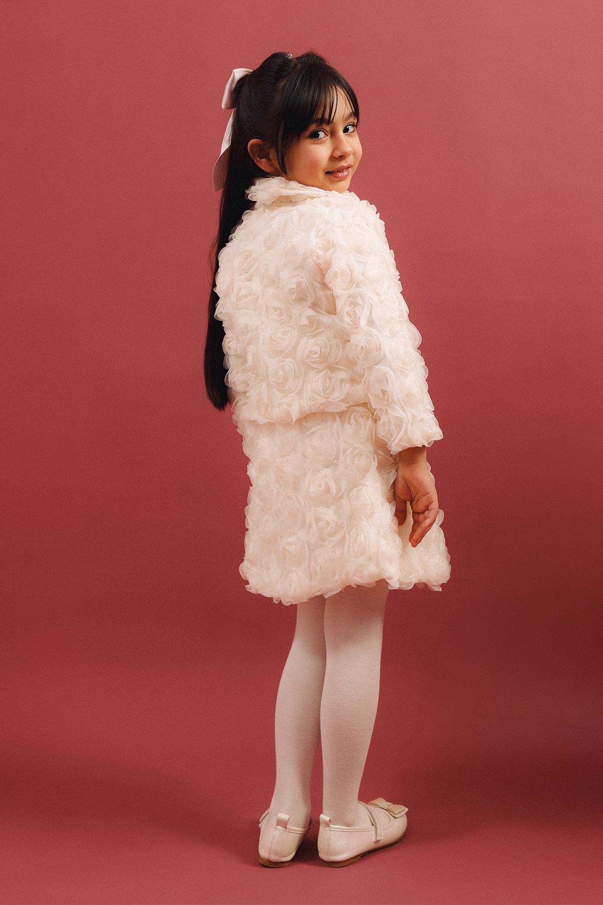 Kız Çocuk 3D Gül Detaylı 2'li Ceket Etek Takım – Özel Gün Kombini