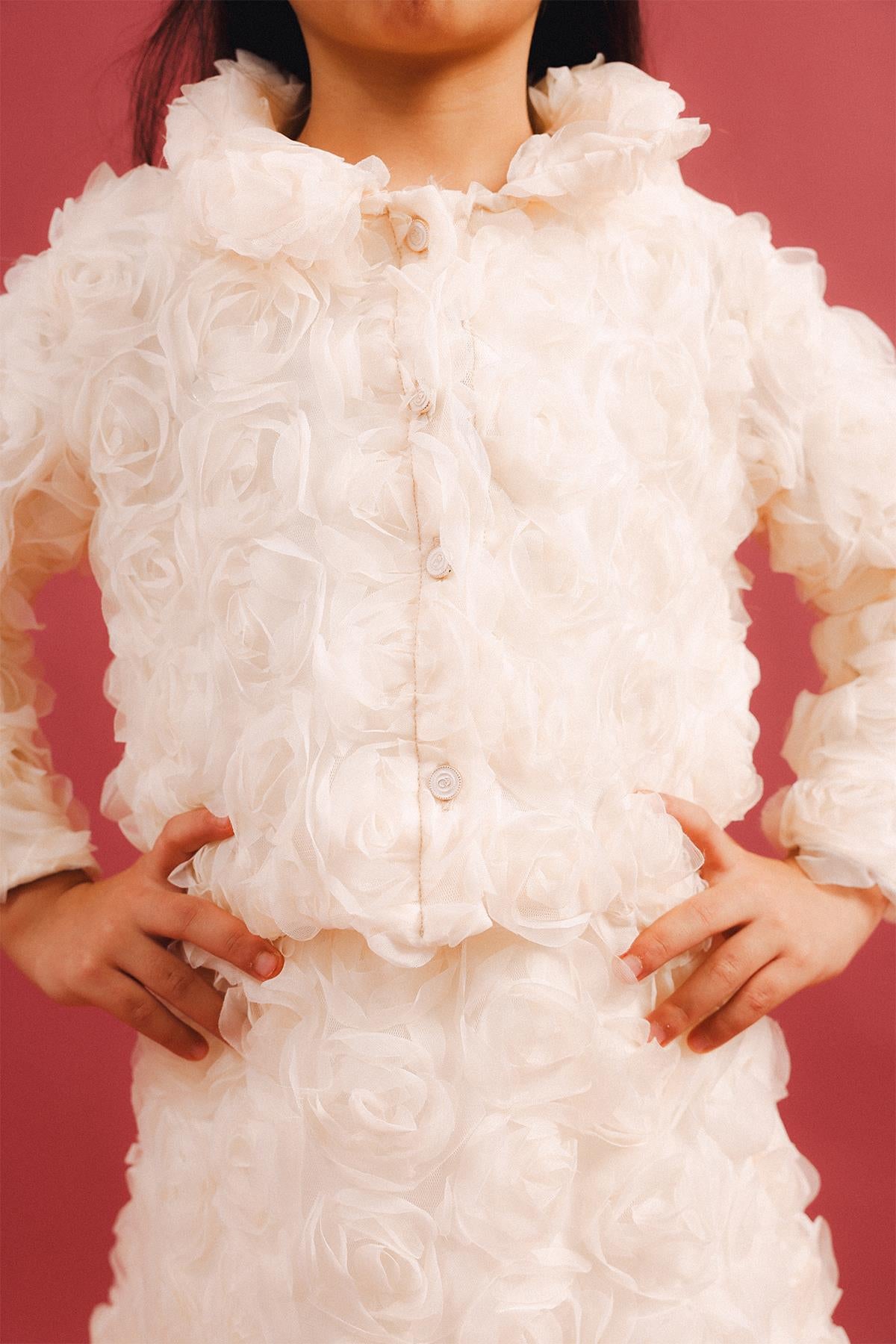 Kız Çocuk 3D Gül Detaylı 2'li Ceket Etek Takım – Özel Gün Kombini