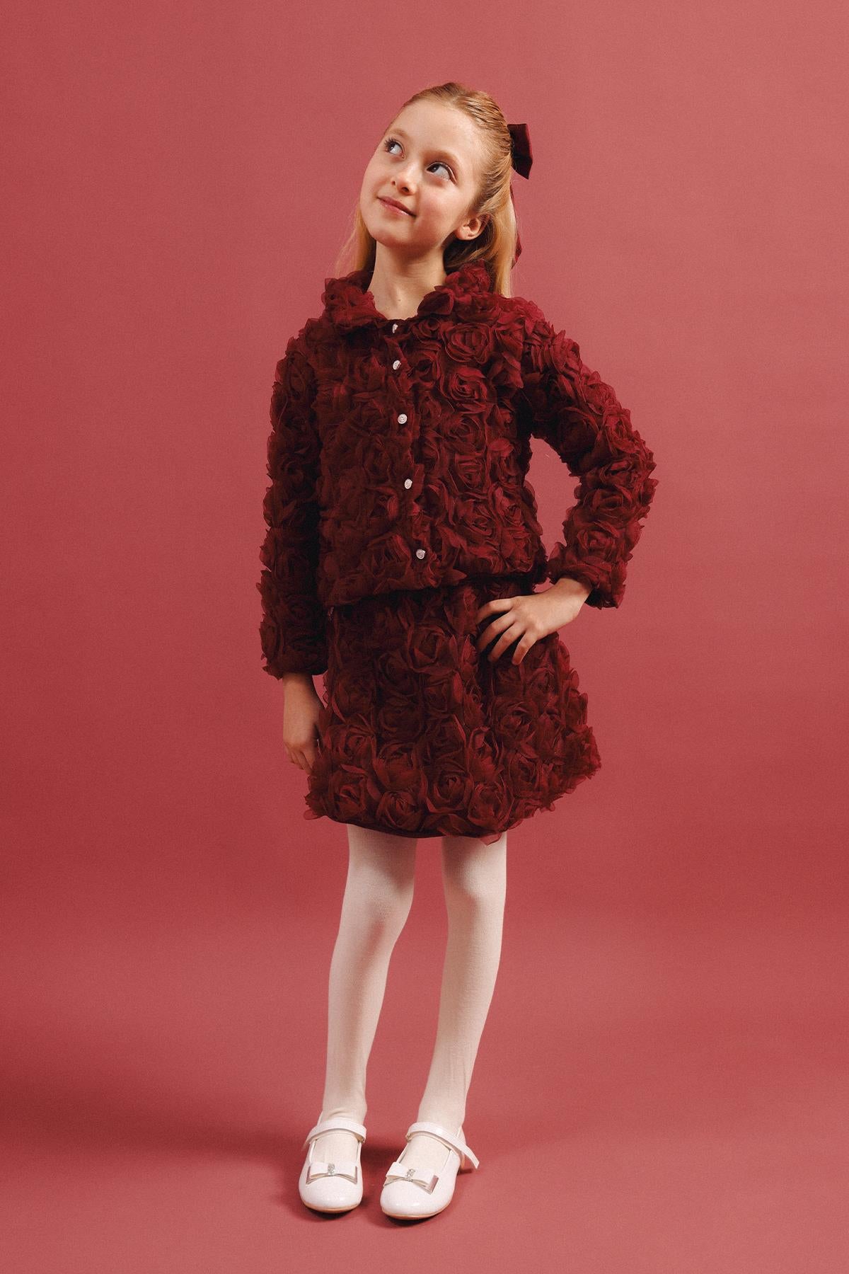 Kız Çocuk 3D Gül Detaylı 2'li Ceket Etek Takım – Özel Gün Kombini