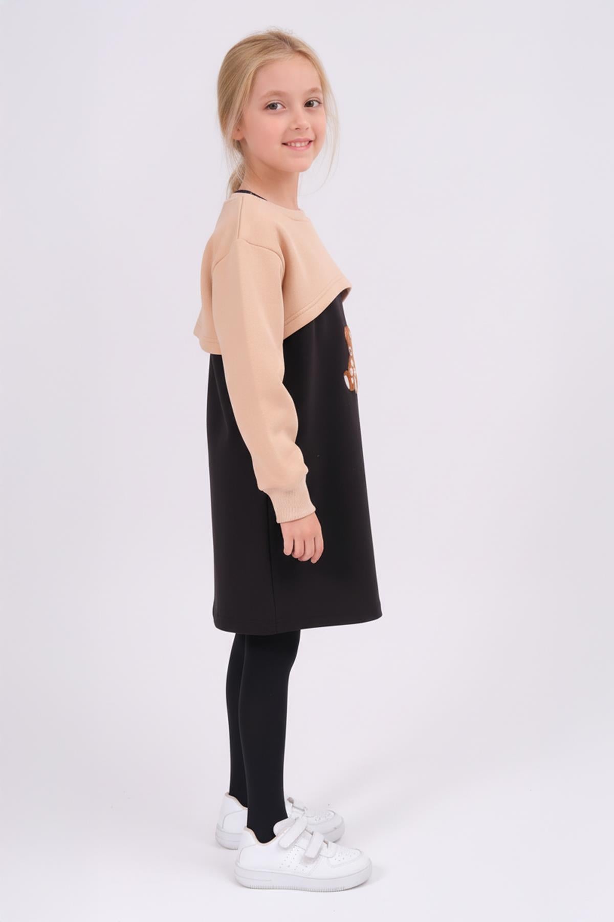 Kız Çocuk Ayıcık Nakışlı Elbise ve Crop Sweatshirt – Bej
