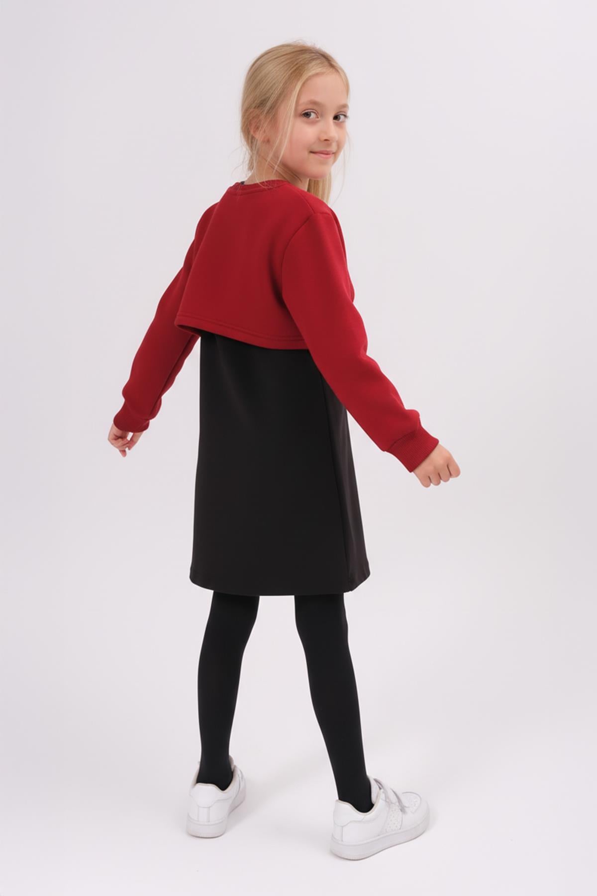 Kız Çocuk Ayıcık Nakışlı Elbise ve Crop Sweatshirt – Bordo