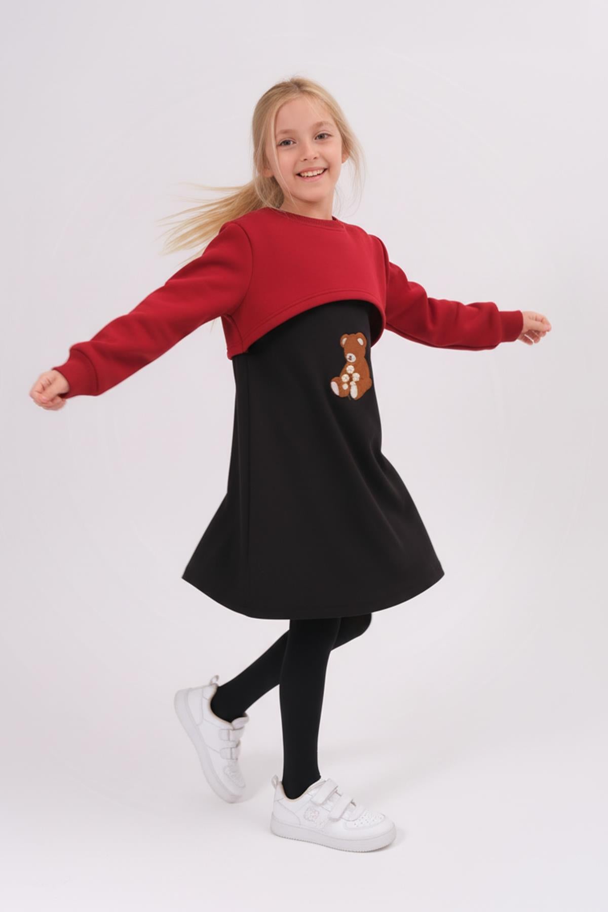 Kız Çocuk Ayıcık Nakışlı Elbise ve Crop Sweatshirt – Bordo
