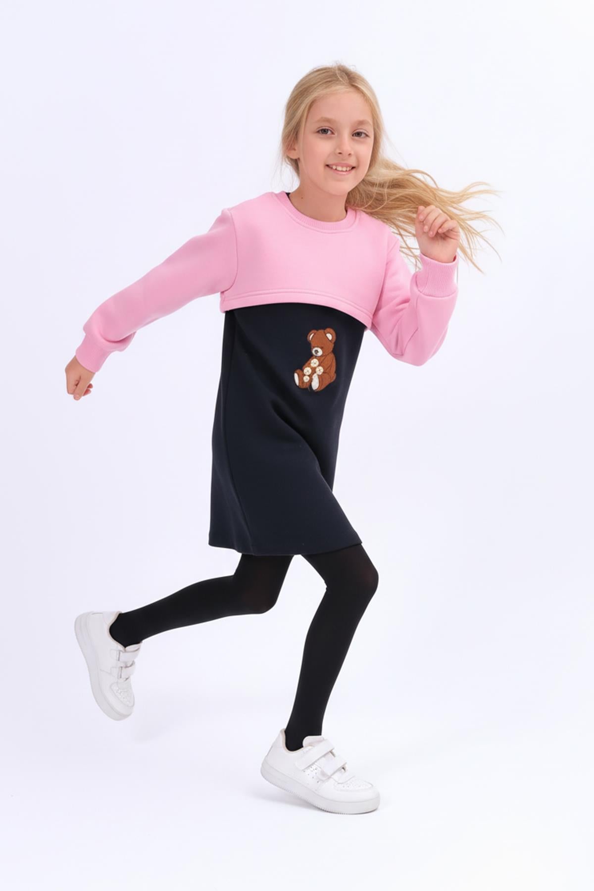 Kız Çocuk Ayıcık Nakışlı Elbise ve Crop Sweatshirt – Pembe