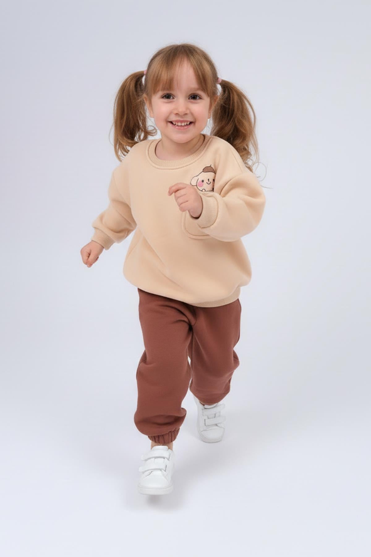 Kız Çocuk Bisiklet Yaka Baskı Detaylı Sweatshirt ve İçi Polarlı Jogger Alt Takım